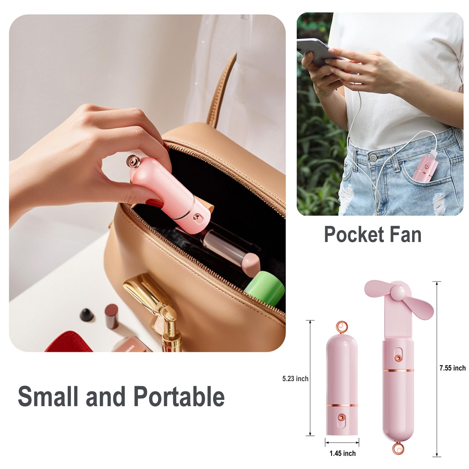 Aocoolfan Portable Handheld Fan, Mini Fan Usb Rechargeable, 3 Speed Personal Small Pocket Fan, Battery Operated Fan Travel Hand