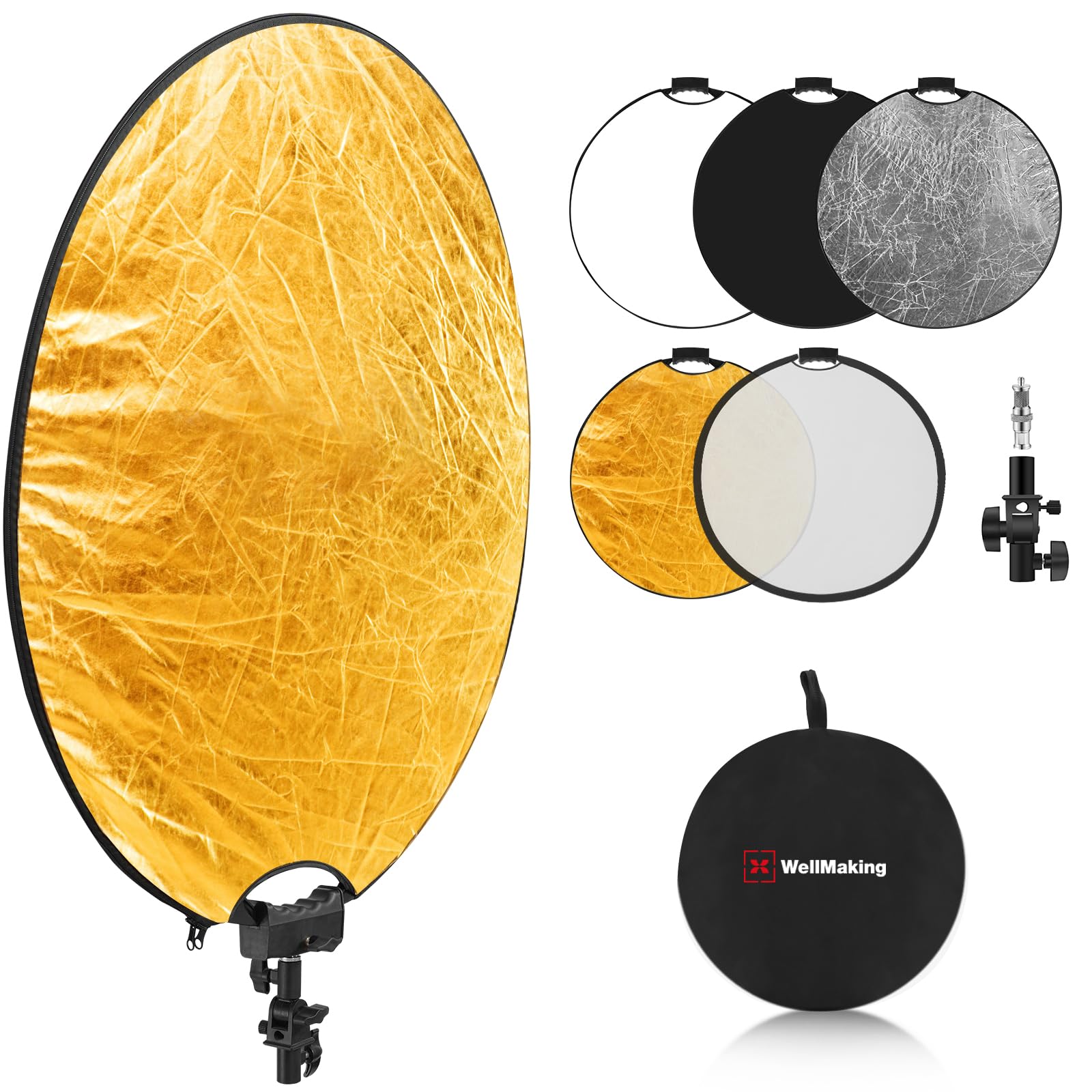 Wellmaking 32 Inch (80Cm) Reflector Photography, Collapsible Light Reflector With Threaded Handle & Tilt Adapter, 5 In 1 Handle