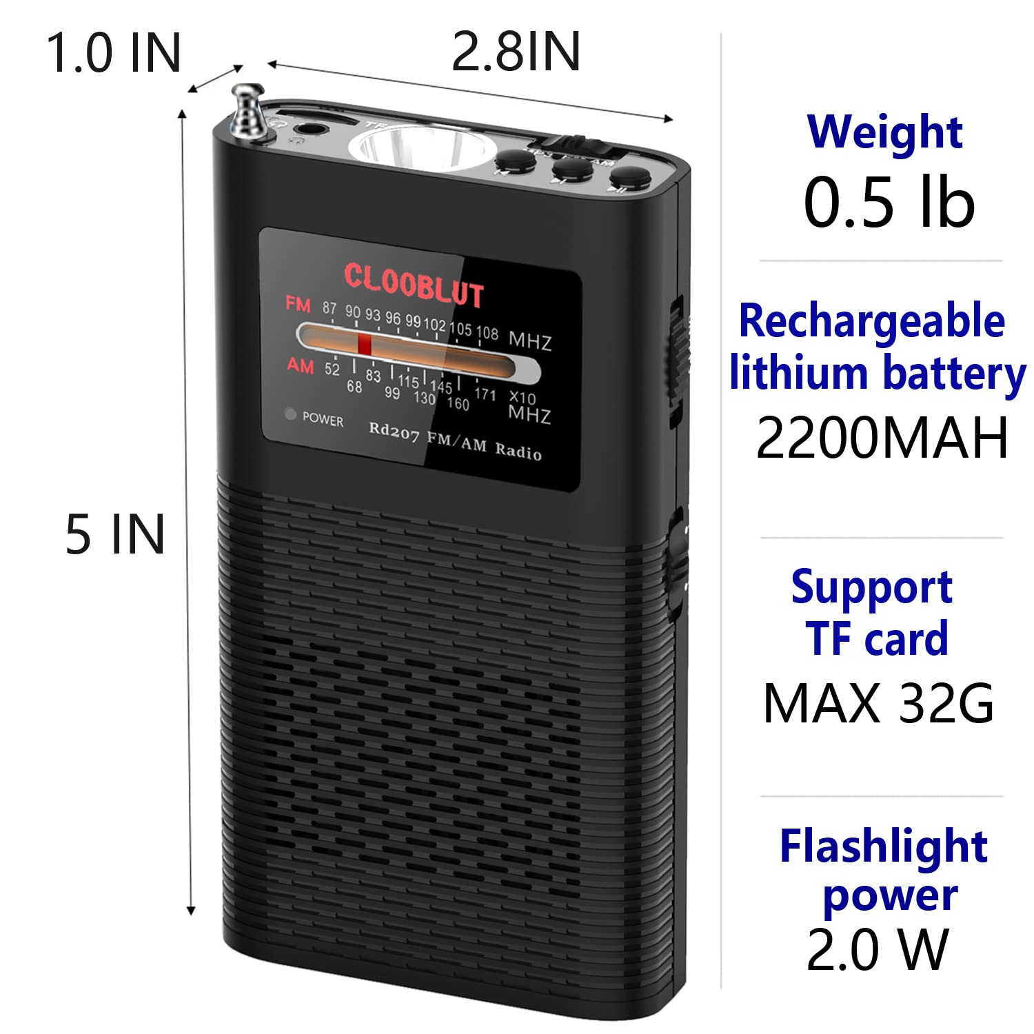Portable Pocket Am Fm Transistor Radio Powerful Flashlight Powered By 1500Mah Battery (Included),Ultra Long Antenna Best Recepti