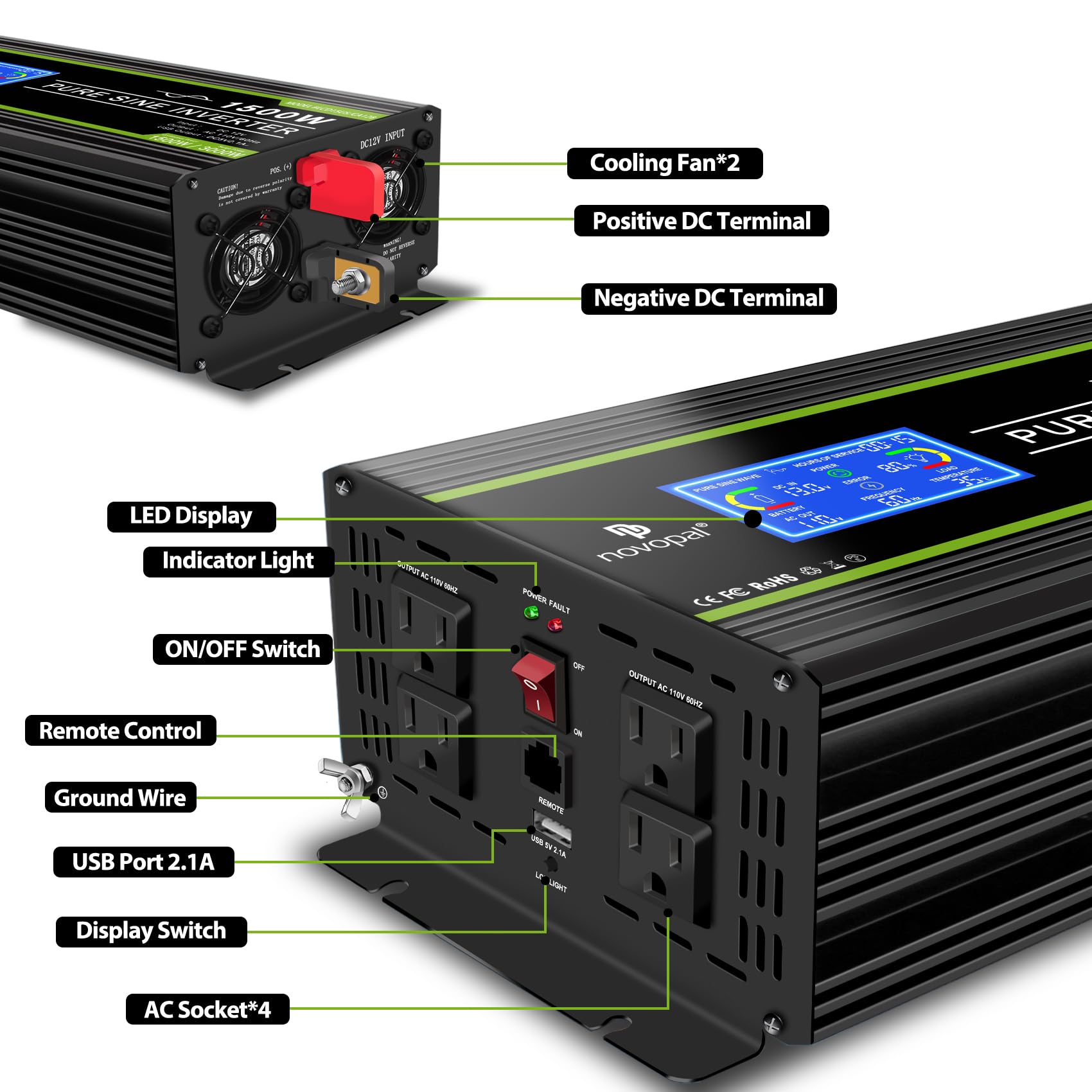 Novopal 1500 Watt Pure Sine Wave Power Inverter Dc 12V To 110V/120V Converter 4 Ac Outlets Car Inverters With Usb Port 16.4 Feet