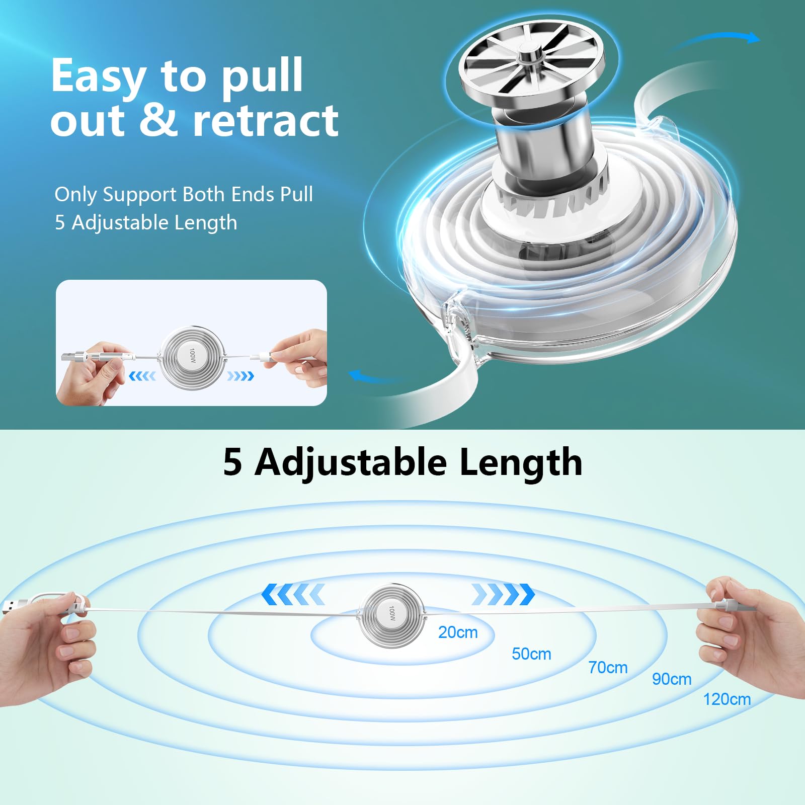 Upgraded 100W Retractable Multi 5 In 1 Usb A/Type C To Lightnning+Usb C+Micro Iphone Charging Cable,100W+27W+10W Pd Fast Multipl