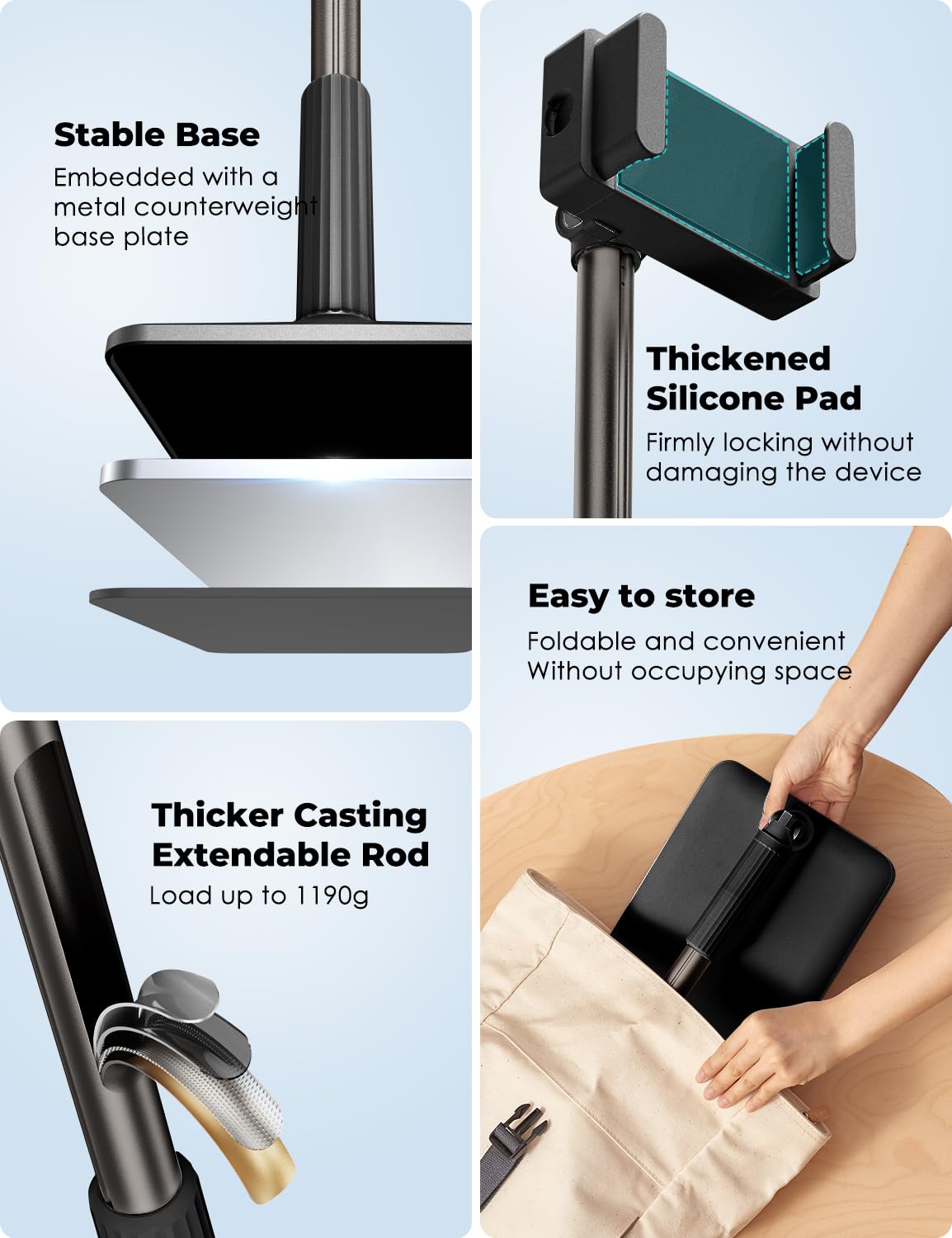 Viozon Tablet Floor Stand Flexible Long Arm Tablet&Phone Holder,360� Angle Adjustable,Aluminum Alloy,Bedside,Sofaside,Desk,Compatible with iPad,Kindle, iPhone 16 15 Plus/Pro Max (3.5'' 11'') Black