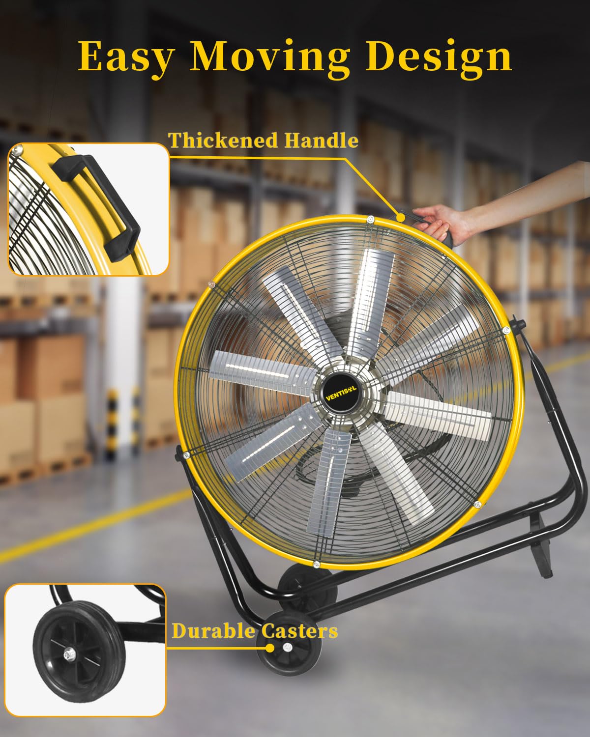Ventisol 24 Inch Industrial Floor Drum Fan, 9500 Cfm Heavy Duty Floor Fan 3 Speed Air Circulator With Castors, High Velocity Sho