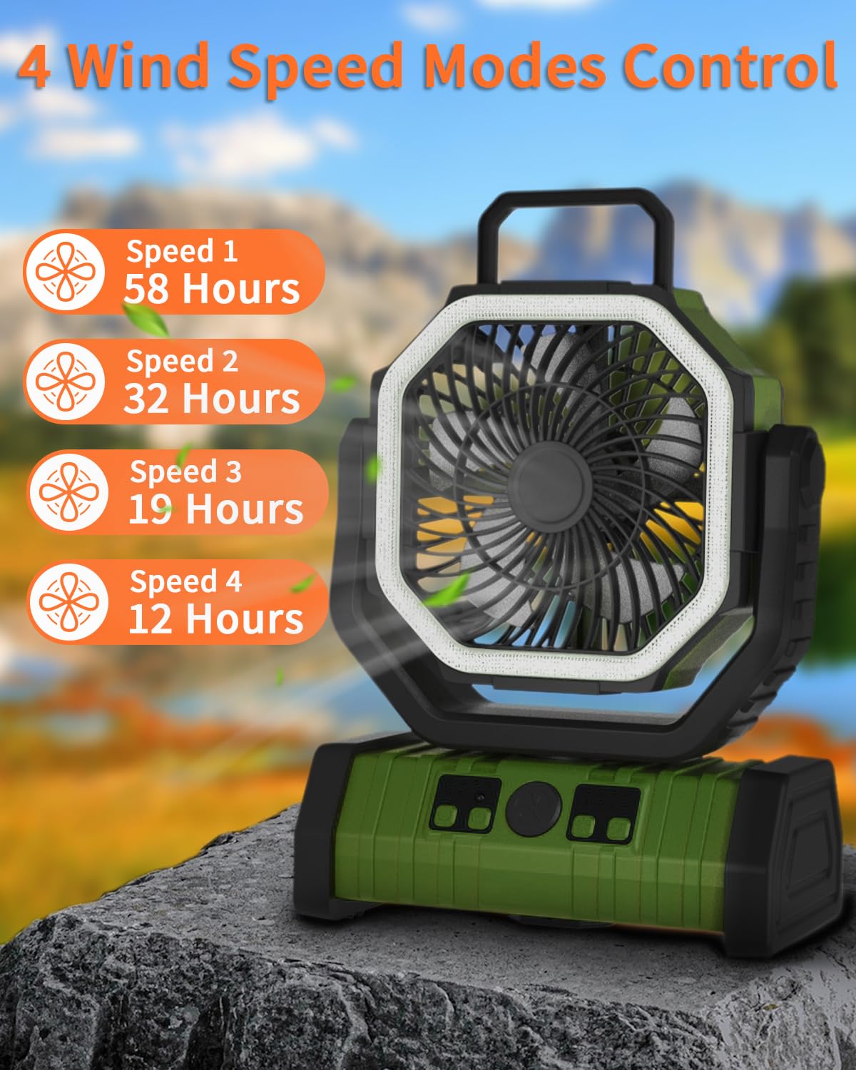 Adust Camping Fan Battery Powered Fan With Led Light 20000Mah Rechargeable Portable Fan, Oscillating Cordless Usb Desk Fan With