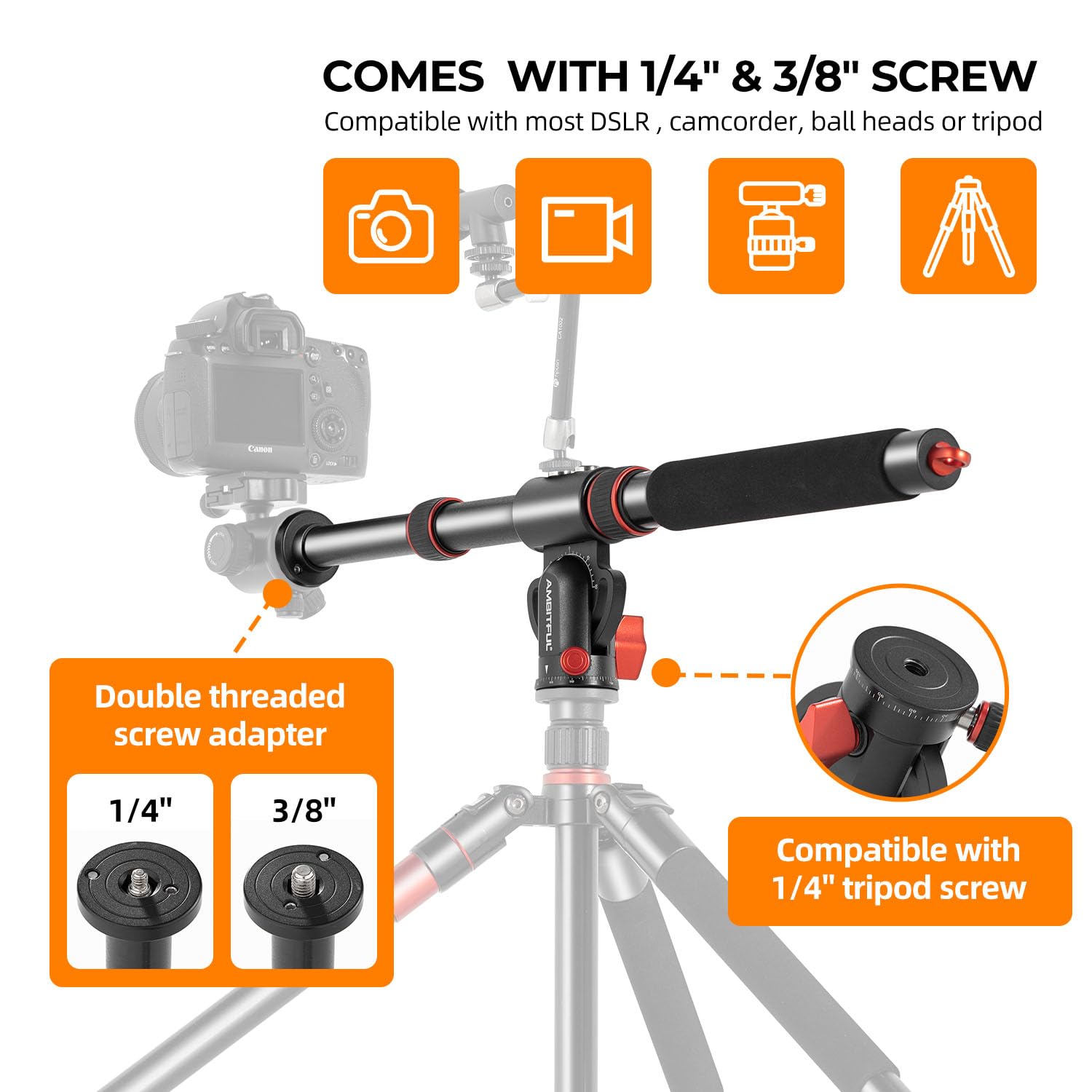 Ambitful Tripod Extension Arm,42' Retractable Horizontal Center Column Tripod Boom Arm,360� Rotatable With Sandbag For Overhead,Multi Angle Photography,Max Load 22Lbs (Not Including Tripod)