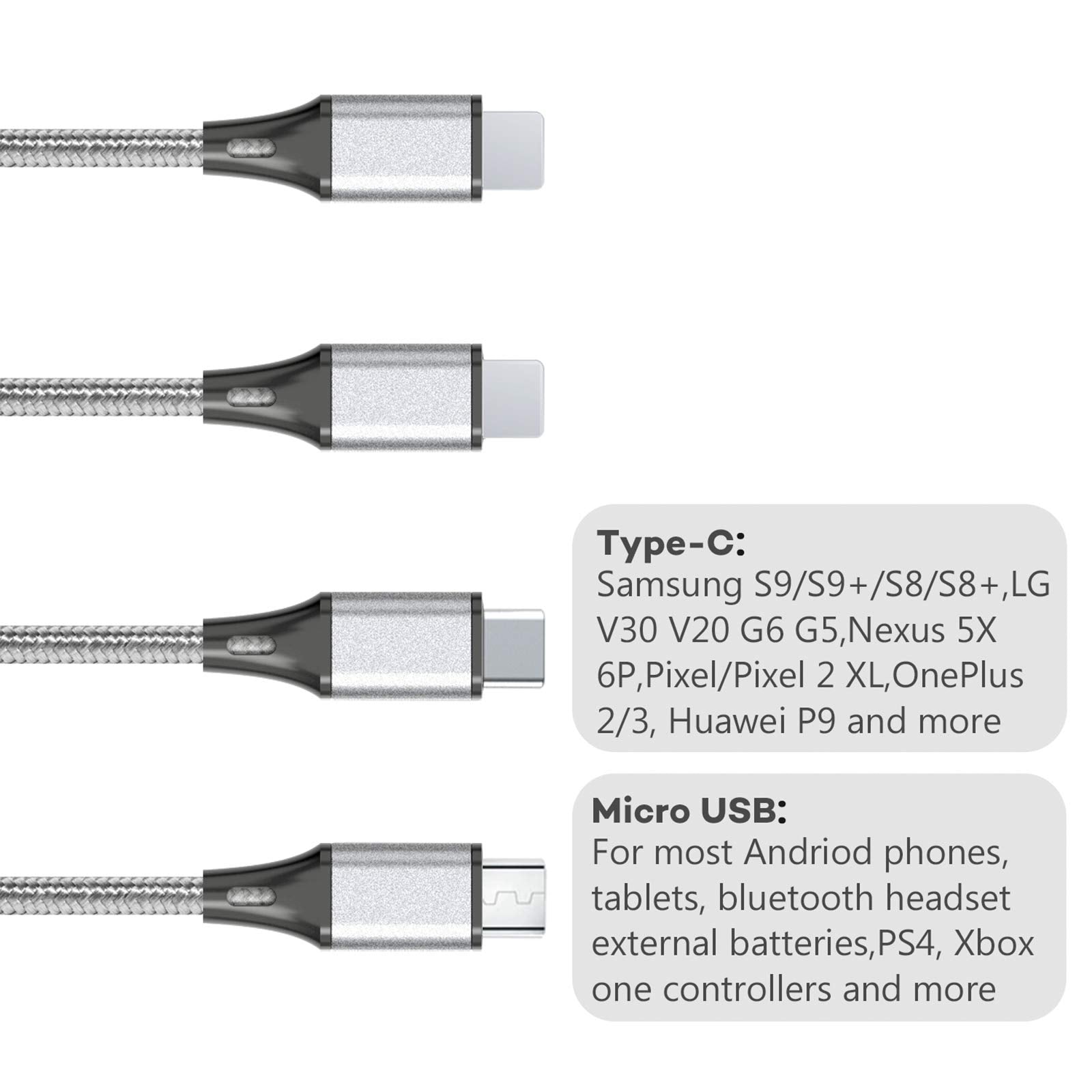 Multi Charging Cable, Usb Cable 3A 4Ft Nylon Braided Universal 4In1 Charger Adapter Type C/Micro Port, Compatible With Cell Phon