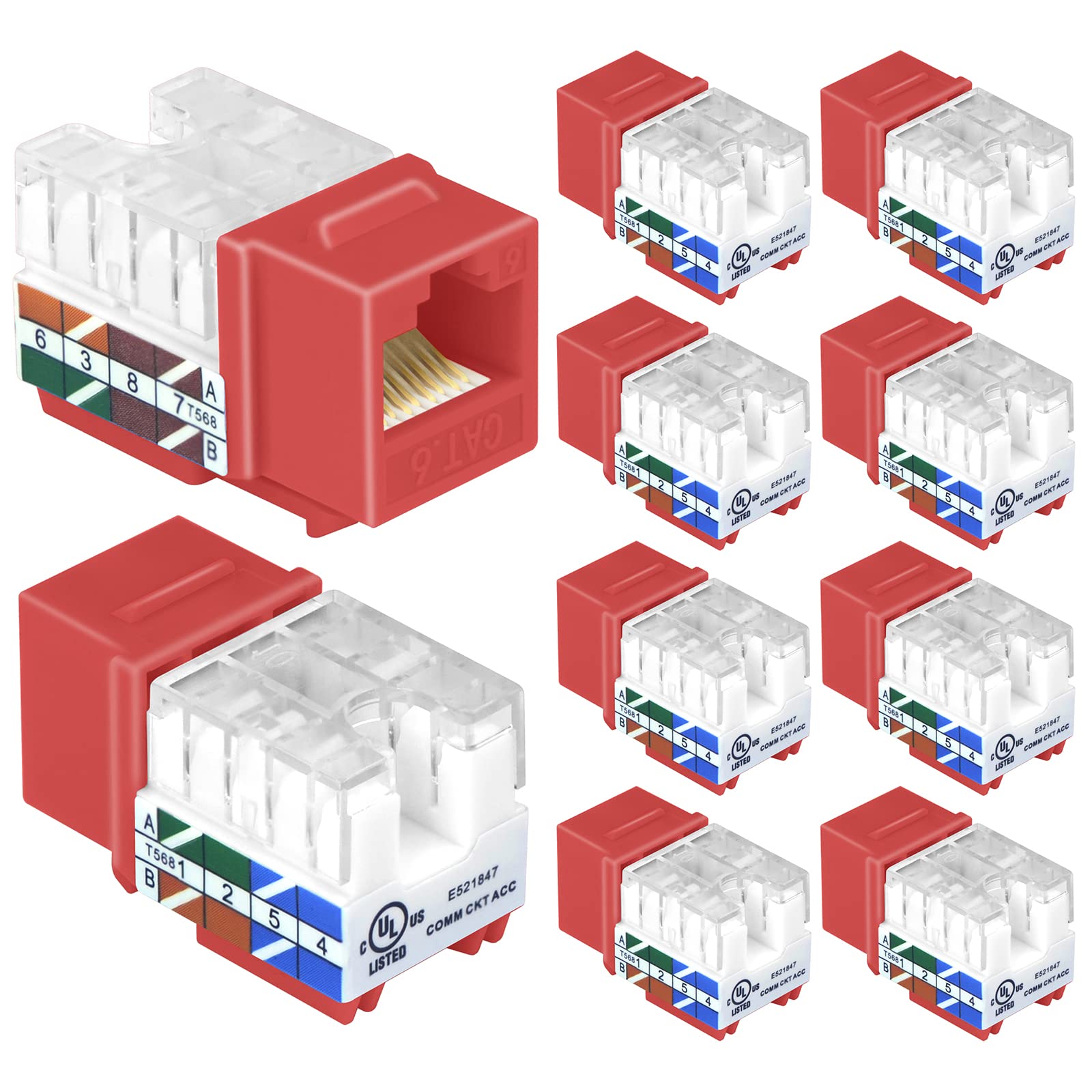 Vcelink Rj45 Cat6 Keystone Jacks Slim Profile Ul Listed 10 Pack, 90 Degree Ethernet Punch Down Keystone Jack Adapter In Red