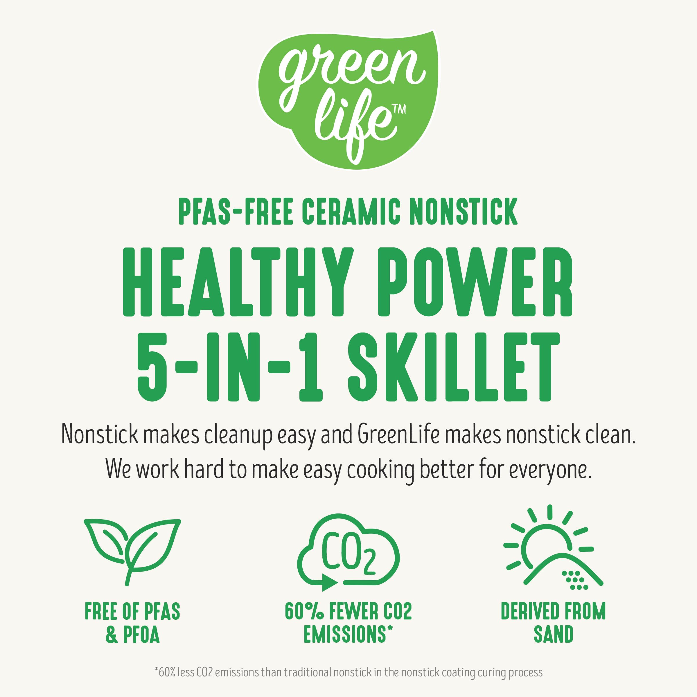 Greenlife Healthy Ceramic Nonstick, 12 5Qt Square Electric Skillet With Glass Lid, Dishwasher Safe, Adjustable Temperature Contr
