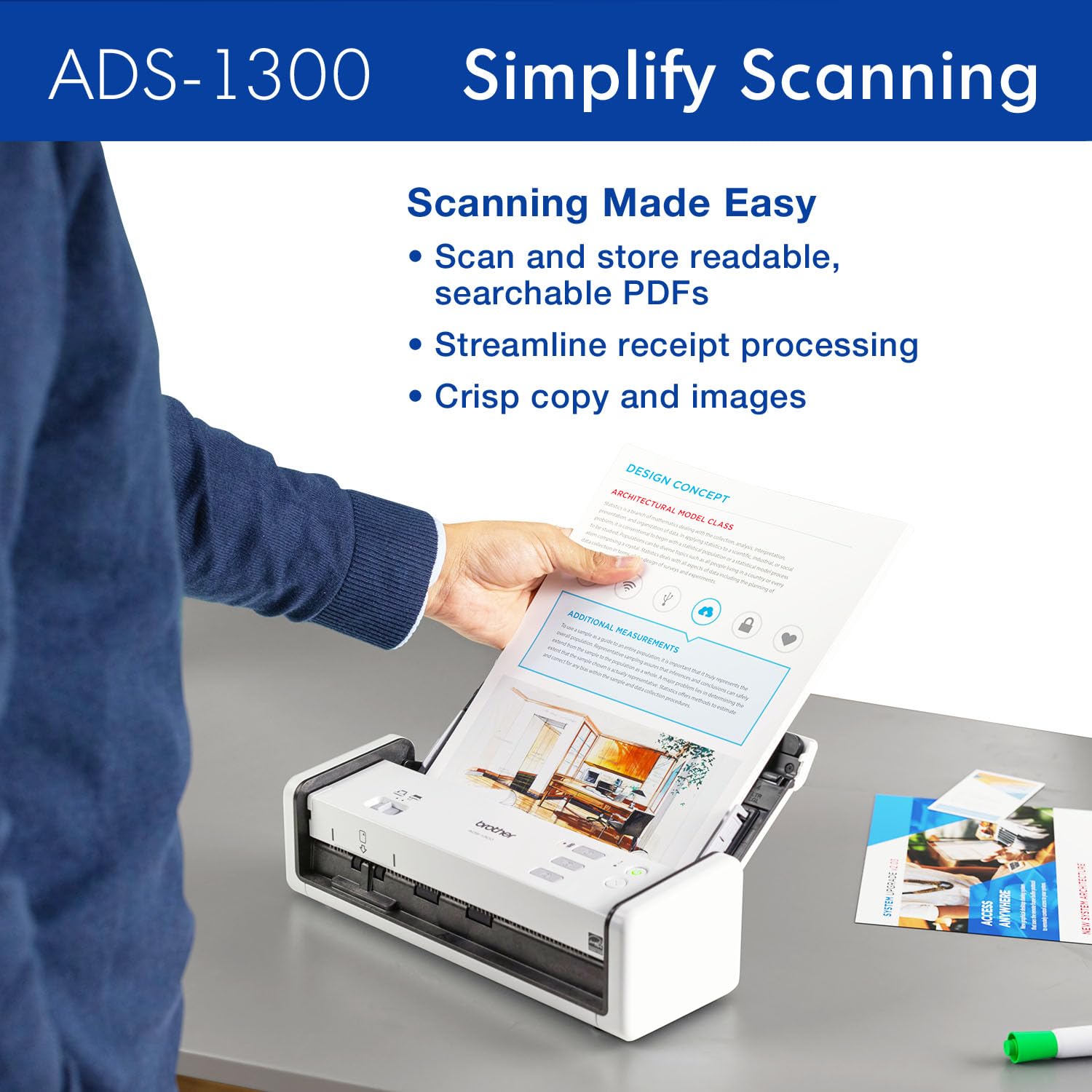 Brother Ads 1300 Compact Desktop Scanner | Scan Speeds Of Up To 30Ppm | Single Pass Double Sided Scanning
