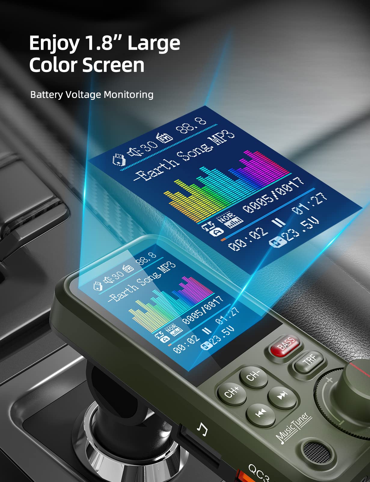 Nulaxy Fm Bluetooth Transmitter For Car, Strong Microphone Bluetooth Car Adapter With 1.8' Color Screen For Hands Free Calls, Supports Qc3.0 Charging, Treble And Bass Sound Music Player  Km30 Green