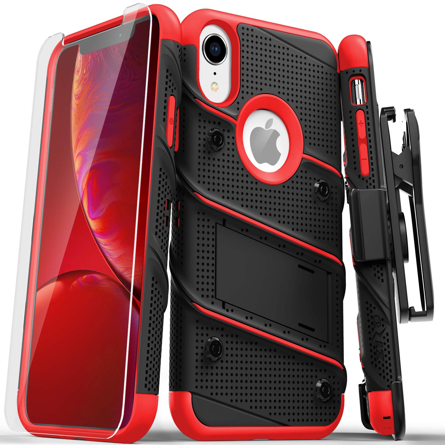 ZIZO Bolt Series for iPhone XR Case with Screen Protector Kickstand Holster Lanyard - Black & Red
