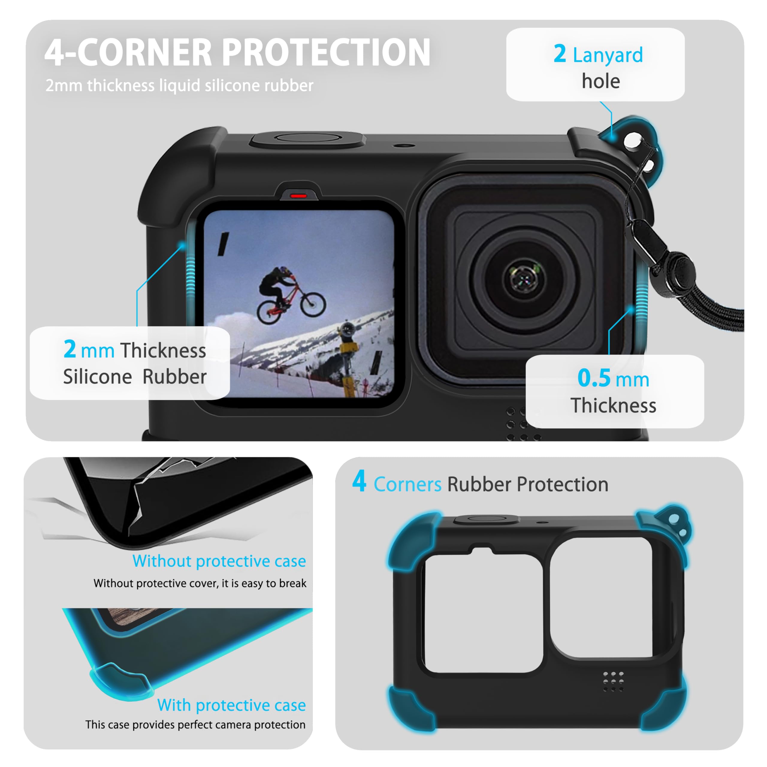 Fitstill Blue Silicone Sleeve Case For Go Pro Hero 11 Hero 10 Hero 9 Black, Battery Side Cover&Screen Protectors&Lens Caps&Lanya