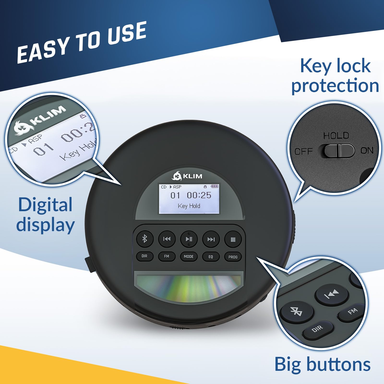 Klim Nomad With Headset   New Version   Portable Cd Player Walkman With Long Lasting Battery   Radio Fm   Compatible Mp3 Cd Play