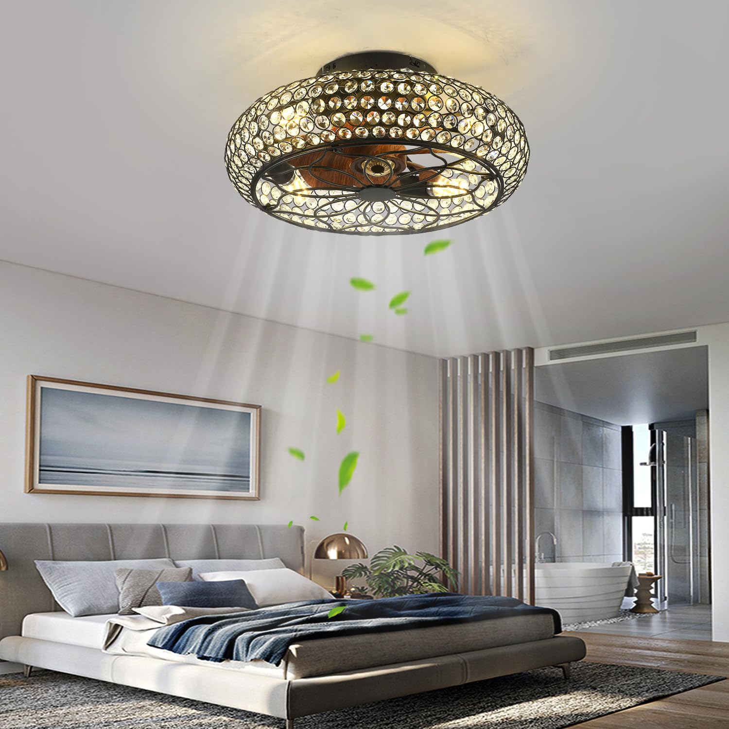 Xudom Caged Crystal Ceiling Fans With Lights And Remote,18.8'' Flush Mount Low Profile Ceiling Fan With Light,6 Speed Enclosed C