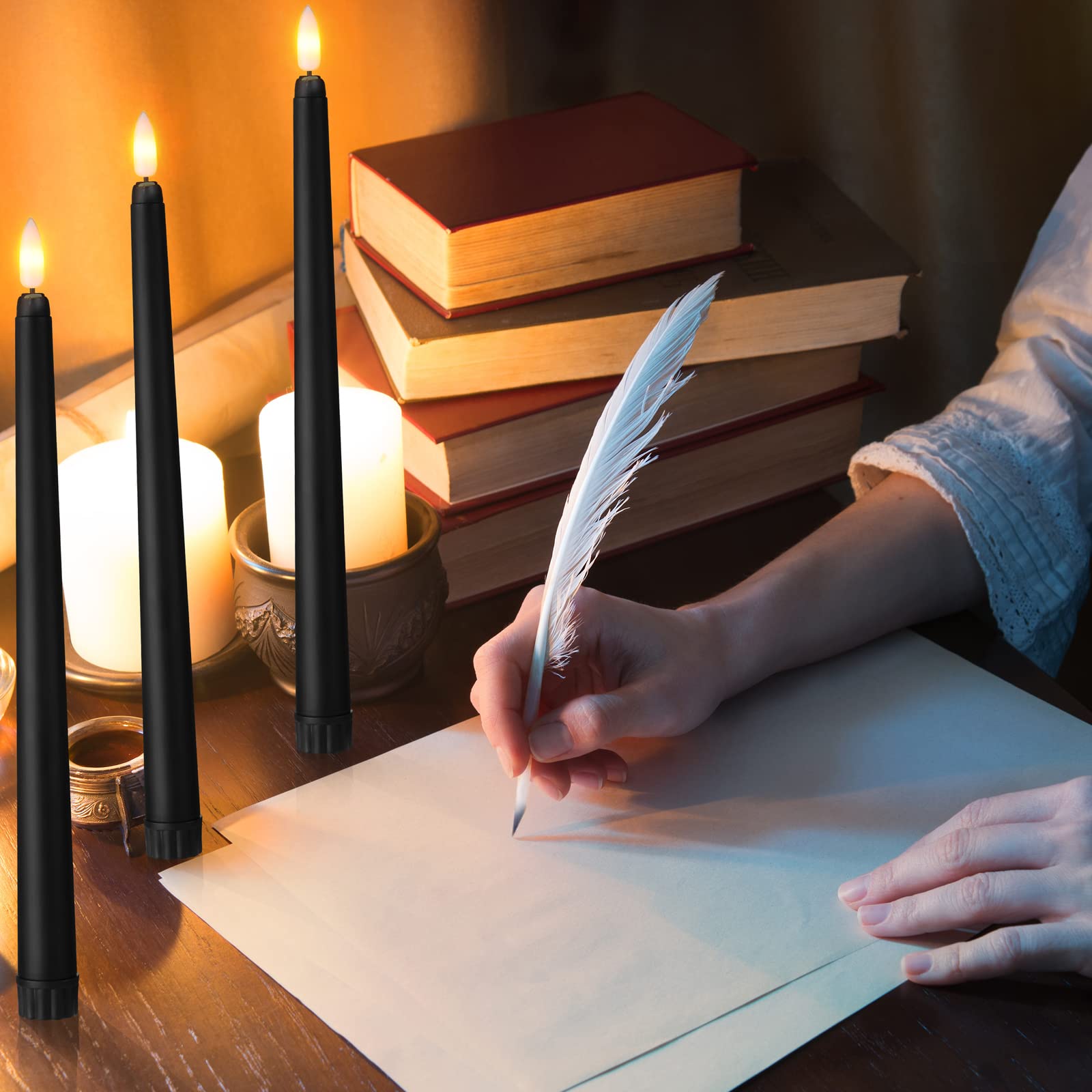 Handepo 48 Pack Flameless Taper Candles Realistic With Yellow Flickering Candlelights Plastic 11 Inch Last Long Battery Operated