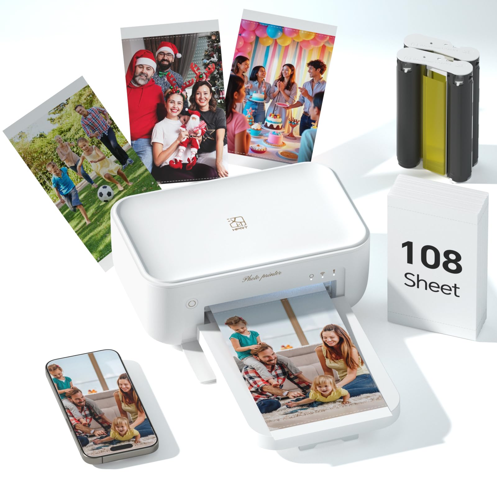 4x6 Photo Printer with 108 Sheets & 2 Color Ribbons - Dye Sublimation Wireless Portable Photo Printer for iPhone & Android Smart