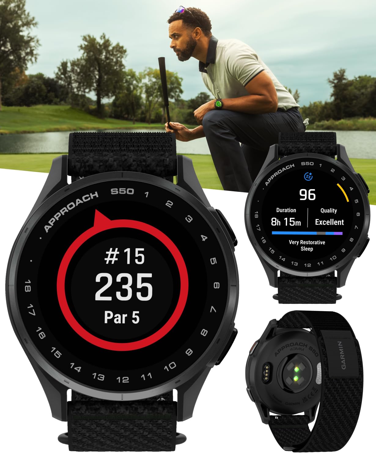Garmin Approach S50 Golf Gps Smartwatch Slate Aluminum Bezel With Black Comfortfit Nylon Band With Wearable4U Power Bank Bundle