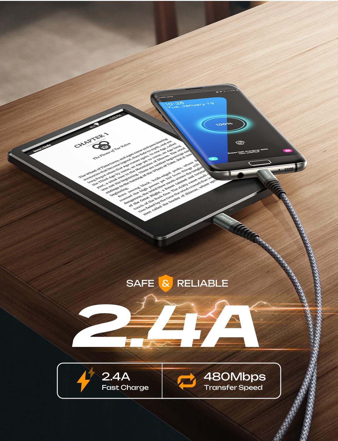 Ainope Usb Micro Cable For Kindle Charger Cord Replacement [3 Pack,3.3Ft], Unbreakable Micro Usb Cable For Kindle Nylon Micro Us