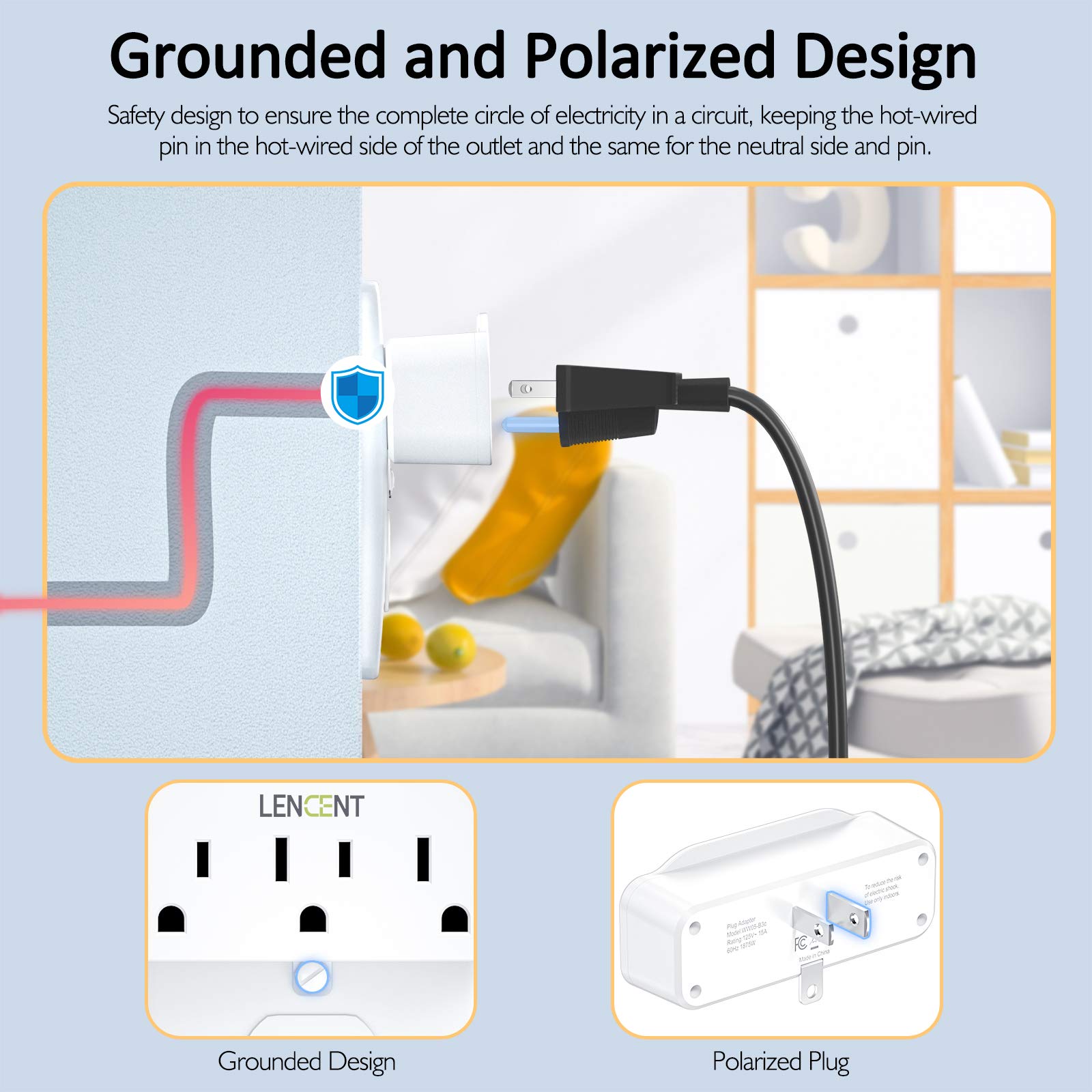 Lencent 3 Prong To 2 Prong Polarized Grounding Adapter, 2 Pack, Plug Extender, Outlet Converter, Wall Plug Splitter With 3 Ac Ou