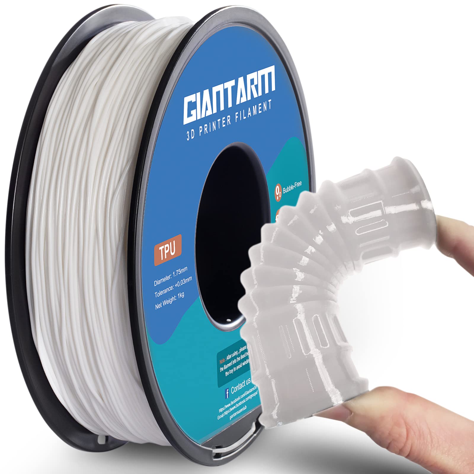 Giantarm Tpu Filament 1.75Mm Flexible Soft 3D Printer Consumables White,95A 1Kg Spool (2.2 Lbs.), Dimensional Accuracy +/  0.05