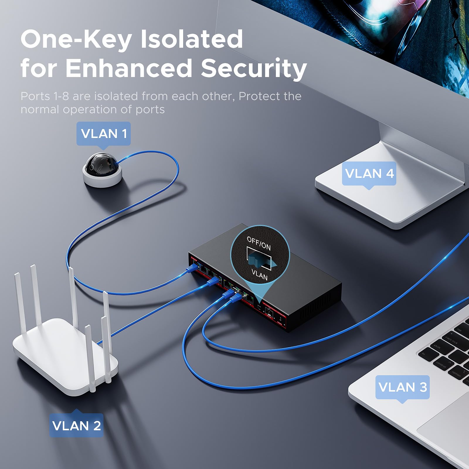 Ienron 8 Port 2.5G Unmanaged Ethernet Switch With 10G Sfp+ Slot, 60Gbps Switching Capacity Network Switch, One Key Vlan| Plug &