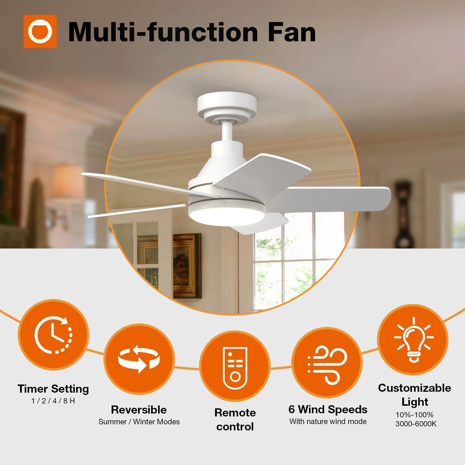 Addlon Ceiling Fans With Lights, 32 Inch White Ceiling Fan With Light And Remote Control, Reversible, 3Cct, Dimmable, Noiseless,