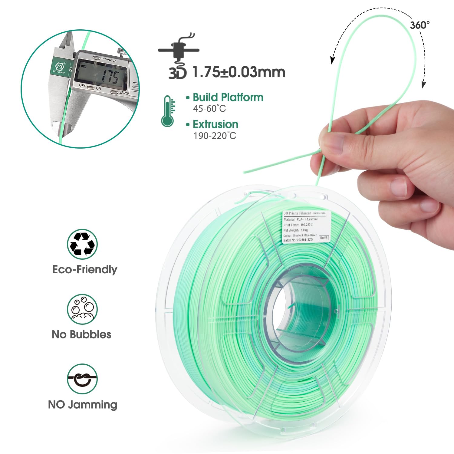 Isanmate Pla+ 3D Printer Filament, Pla Filament 1.75Mm Gradient Multicolors Filament, Color Change Rainbow Filament, Green, Blue