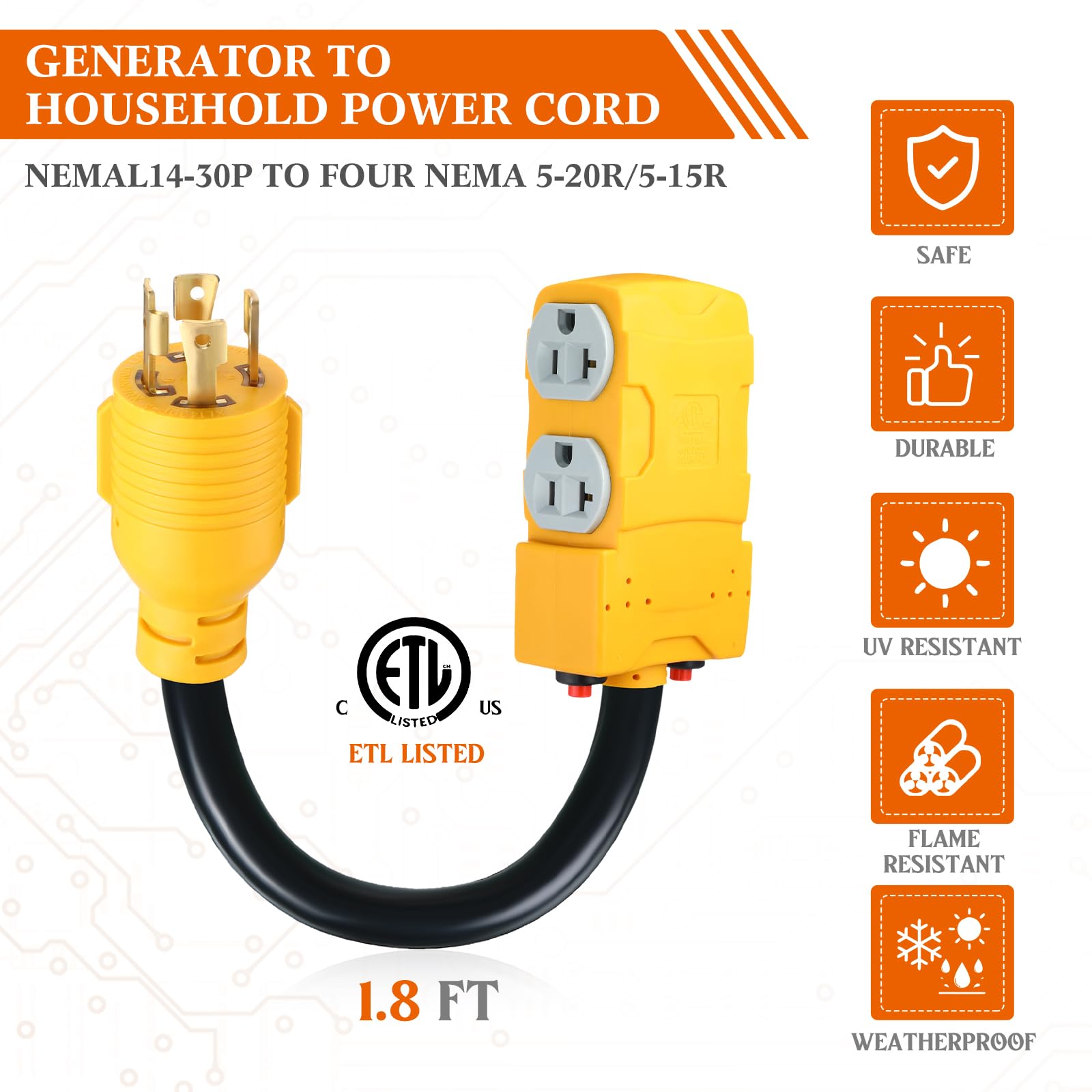 Kanayu 1.8Ft 30 Amp To 20 Amp 110V Generator Distribution Adapter Compatible With Nema L14 30P To Nema 4X 5 20R/ 5 15R, 4 Prong
