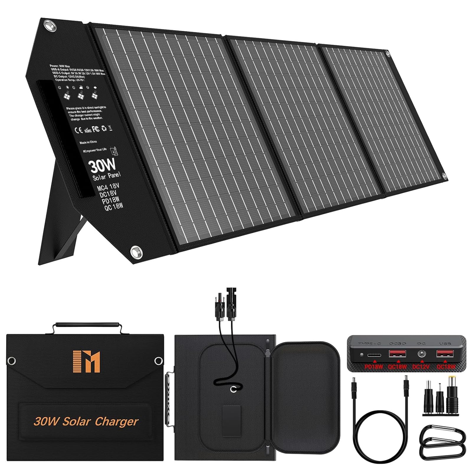 30W Portable Solar Charger Foldable Solar Panel with USB C and USB A 18V MC4 DC for Camping Backpacking Travel Fast Charging for