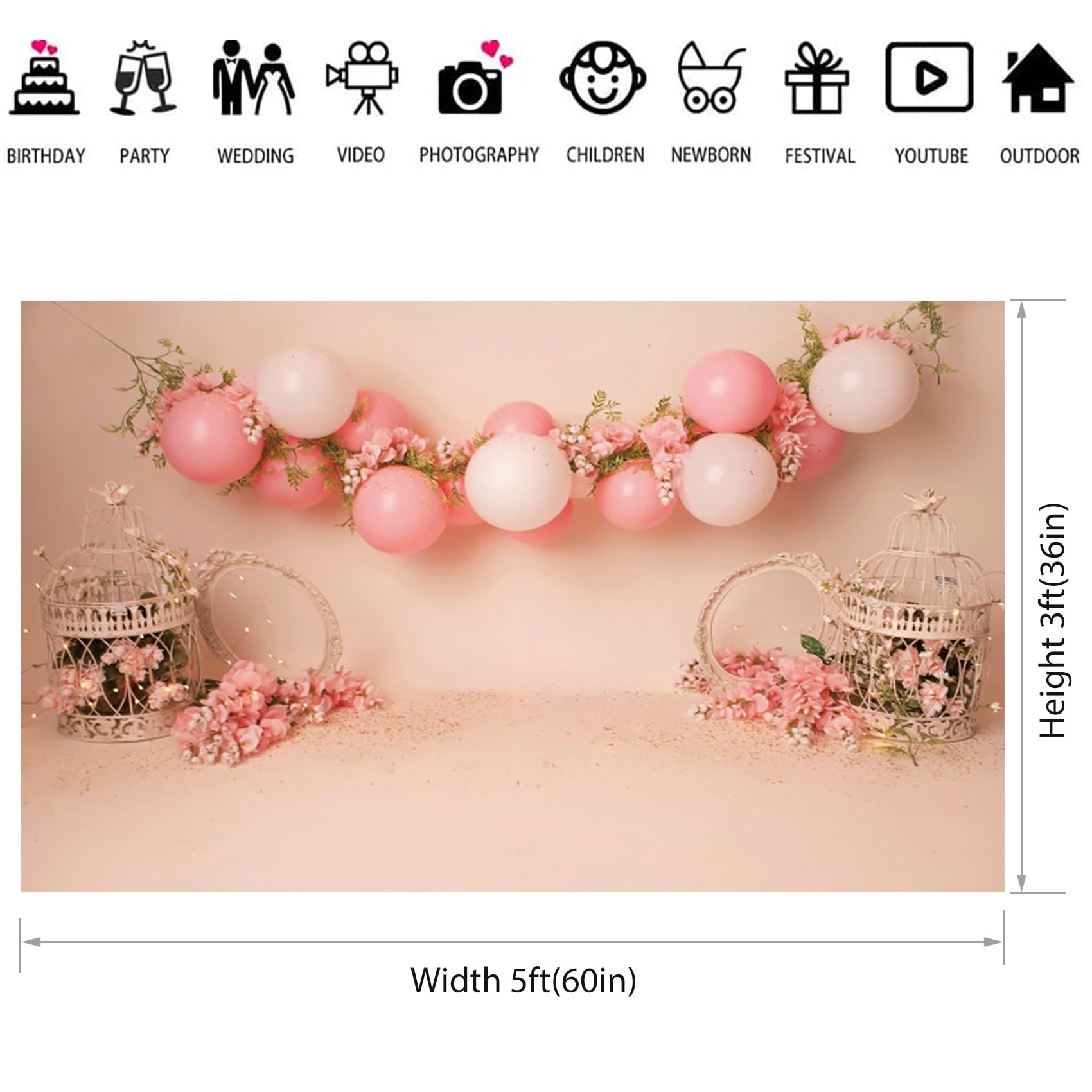 Baocicco 5X3Ft Baby Girl Happy Birthday Backdrop Pink Balloons Floral Sweet Princess Photography Backgrounds Pink Baby Girl Firs