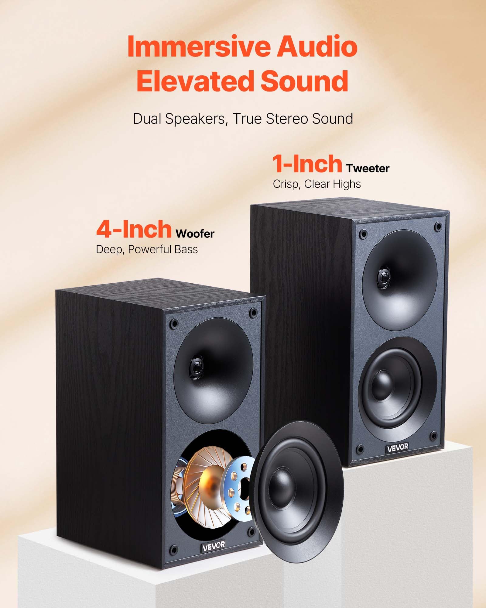 Vevor Passive Bookshelf Speaker, 300W, Book Shelf Stereo Speakers With 4-Inch Woofer And 1-Inch Tweeter, Detachable Grille, 70Hz