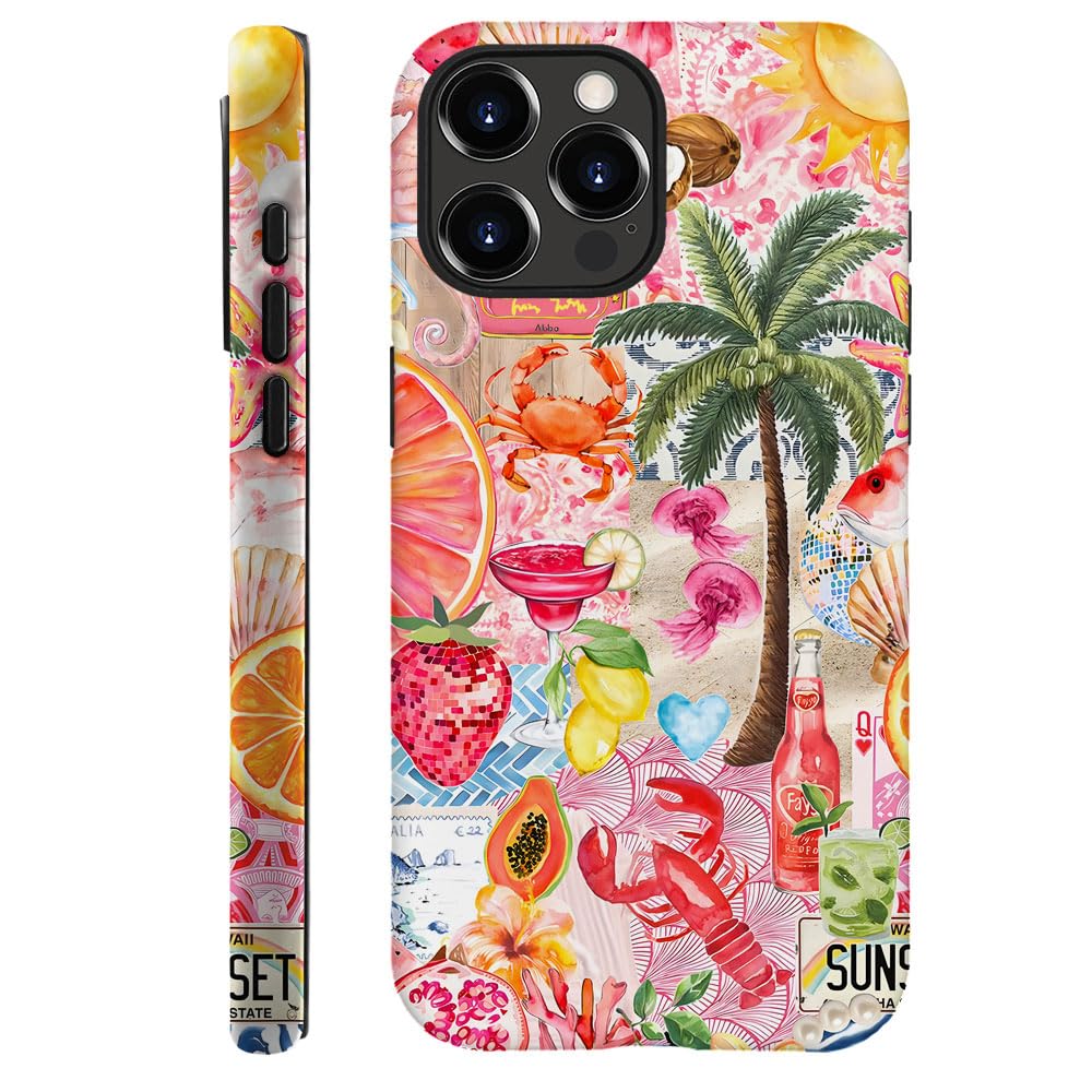 Piodaidy Compatible with iPhone 15 Pro Max,Durable & Shockproof Phone Case Cover Design - Beach Palm Trees Pink Fruits Collage