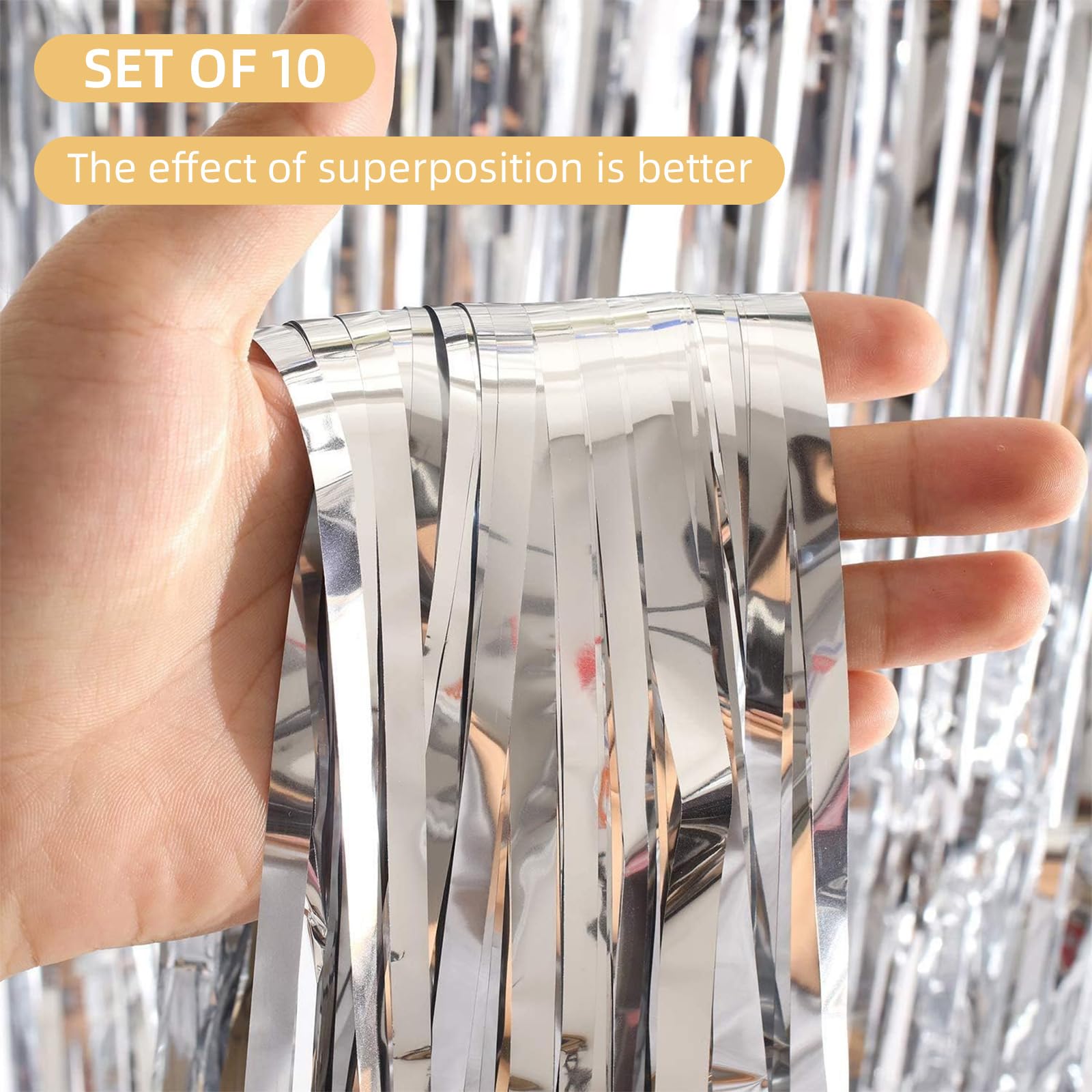 10 Pack Silver Foil Curtain Backdrop 3.2Ft X 9.8Ft Silver Metallic Tinsel Foil Fringe Curtains Streamer Photo Booth Backdrop For