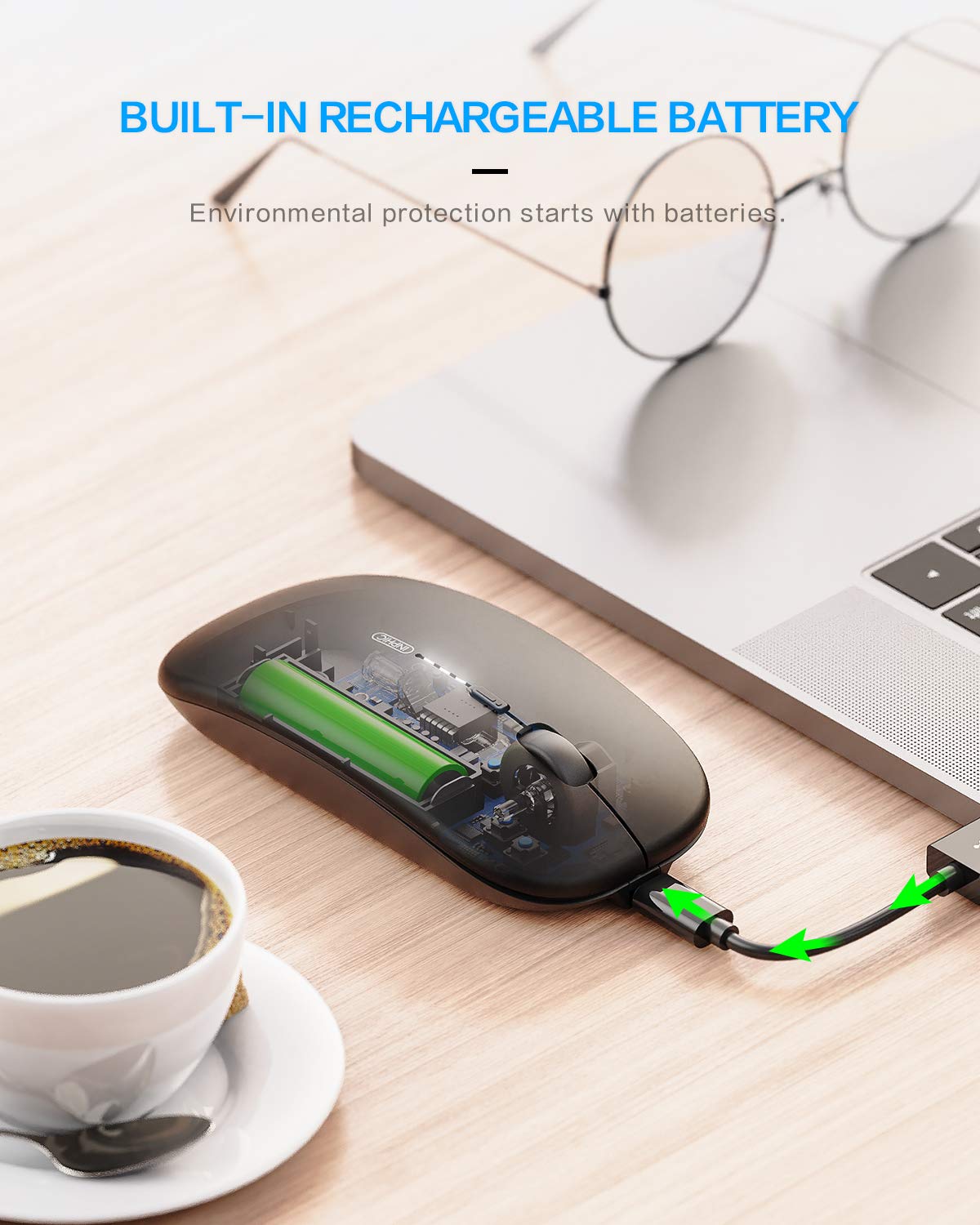 INPHIC Slim Wireless Mouse, Rechargeable, 2.4G Silent, 1600 DPI, LED-Black, Model M1P-Black