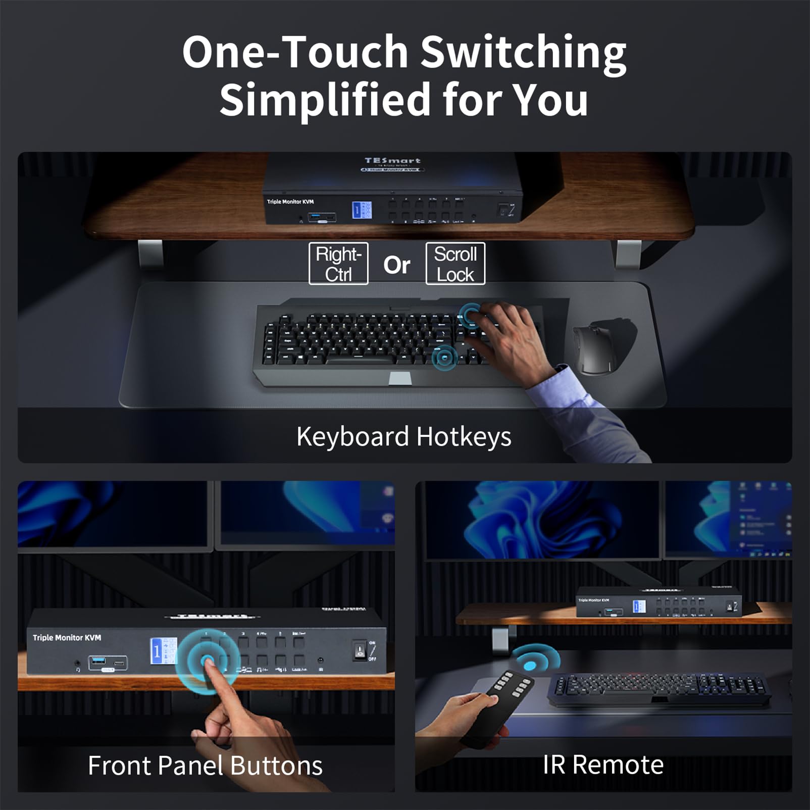 Tesmart Usb 3.0 Hdmi+Dp+Usb C Kvm Switch 3 Monitors 4 Computers 4K@60Hz, 4 Port Triple Monitor Kvm Switch Built In Docking Stati