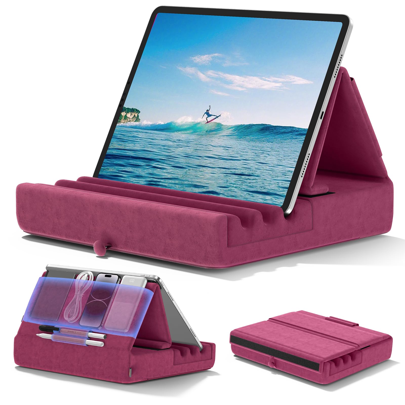Kdd Tablet Pillow Holder, Foldable Ipad Stand For Lap, Bed And Desk  Tablet Soft Pad Dock With Pocket & Stylus Mount Compatible With Ipad Pro 12.9, 10.5, 9.7 Air Mini 6 5 4 3, Galaxy Tab, E Reader