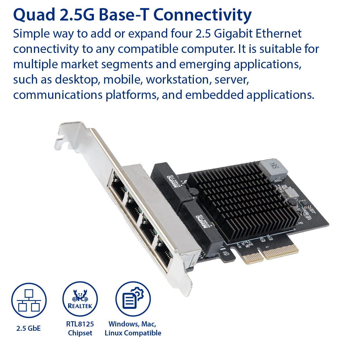 Io Crest Quad 2.5 Gigabit Ethernet Pci Express Pci E Network Interface Card 10/100/1000/25000 Mbps Rj45 Lan Realtek Rtl8125 Chip
