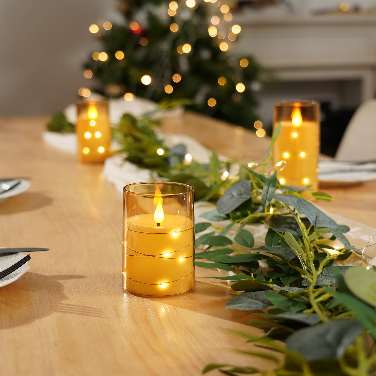 Amagic Flameless Candles 3 Set, Flickering Battery Operated Candles Embedded Fairy String Light, Realistic Pillar Candle With Re