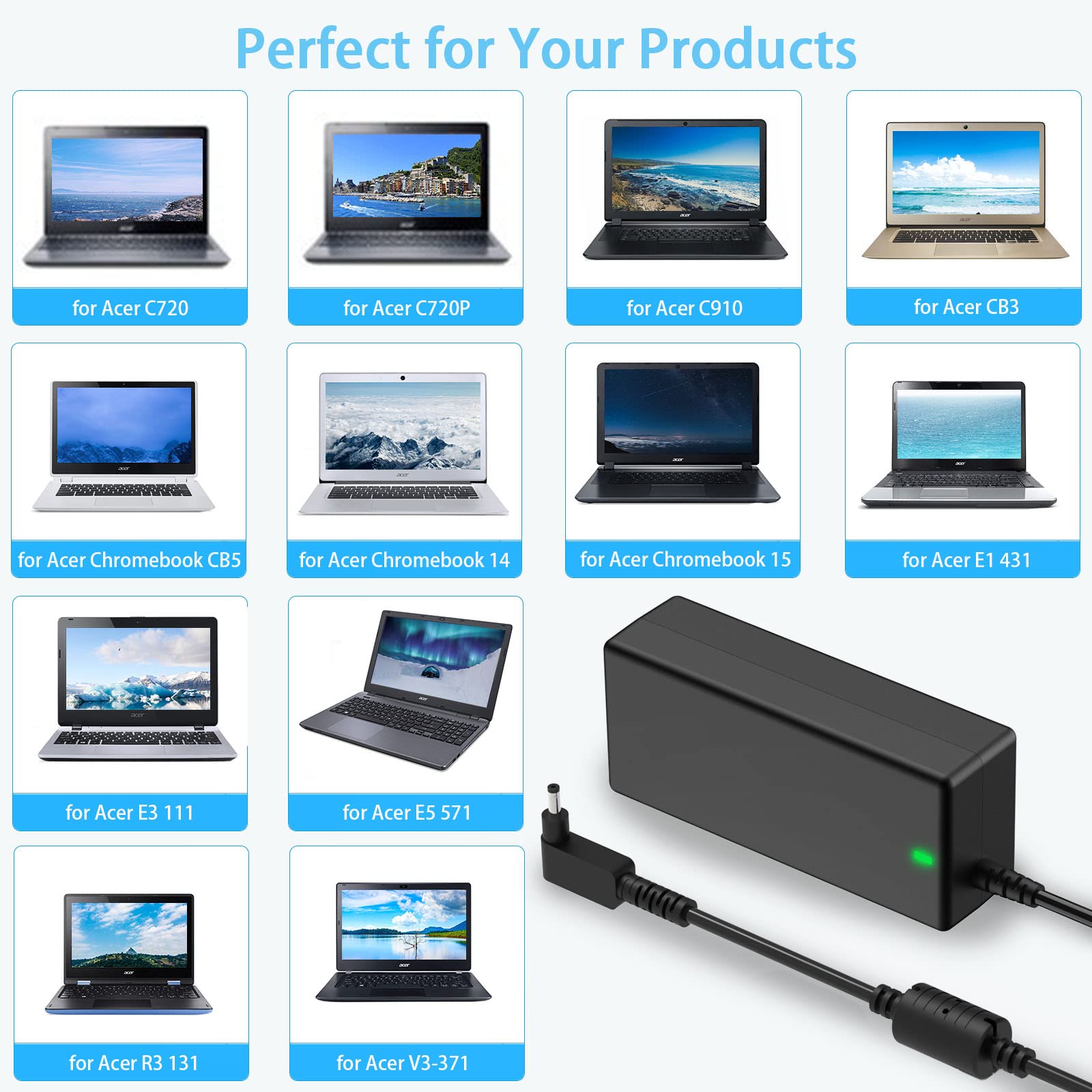 65W 19V 3.42A Replacement Laptop Charger For Acer 15 14 13 11 Cb3 Cb5 N15Q8 N16P1 N20C5 Chromebook C720 C730E C731 C740 Swift Sf