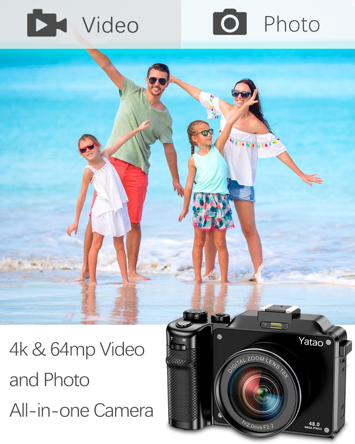 Yatao Digital Camera With Wifi, 4K 64Mp Photography Camera Kit For Youtube, Front And Rear Dual Camera For Convenient Selfie, Eq