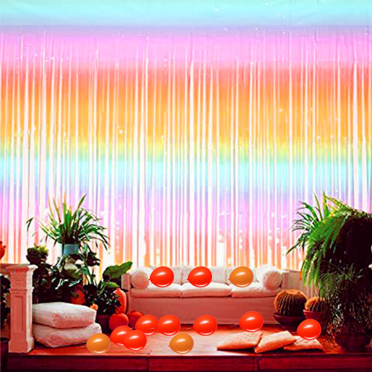 Xiksxitn 2 Pack 3.2 Ft X 8.2 Ft Pastel Rainbow Fringe Curtain Backdrop, Metallic Tinsel Foil Fringe Streamers Curtains Backgroun