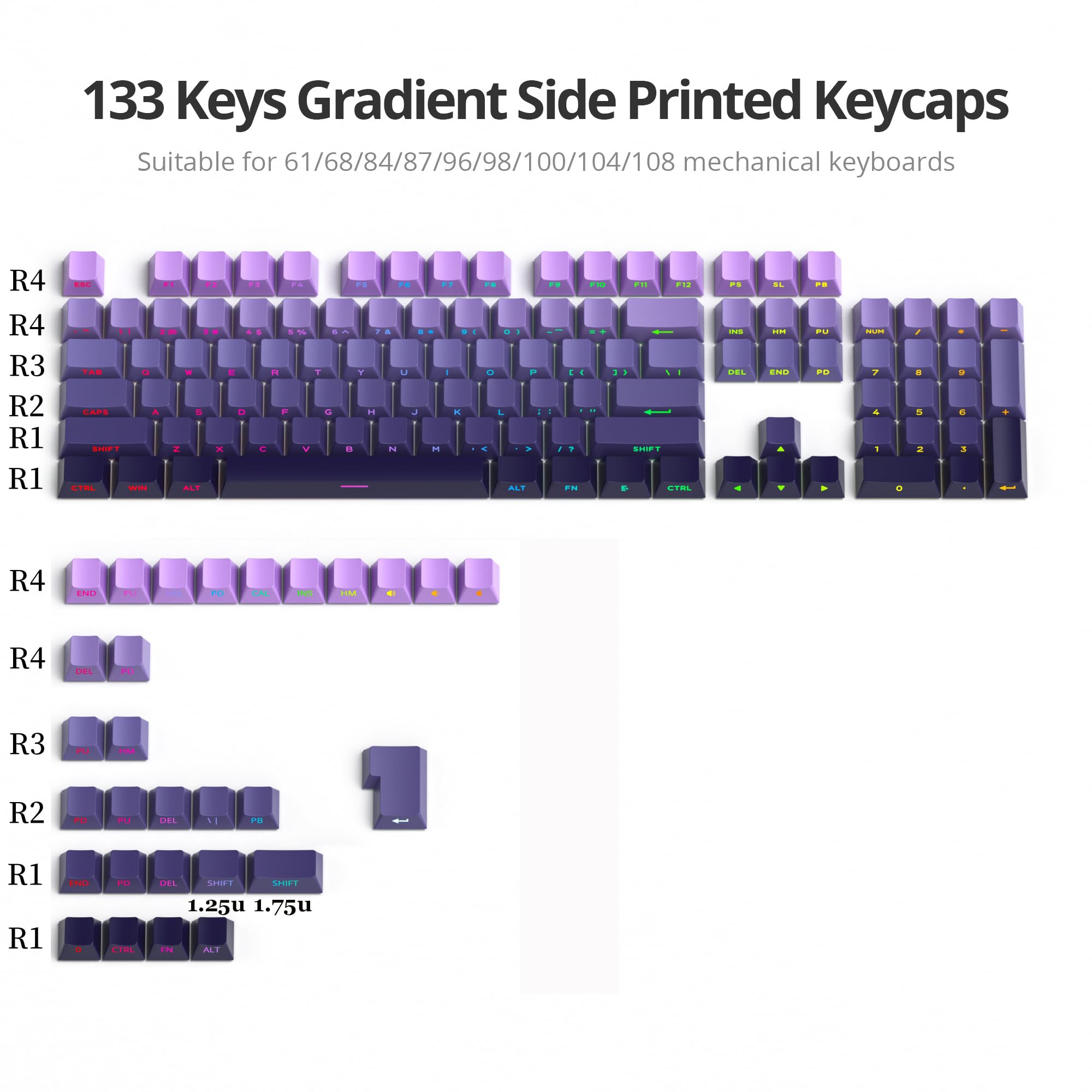 Guffercty Kred Pbt Cherry Profile Keycaps 133 Keys Gradient Side Printed Keycaps Double Shot Backlit Keycaps For Gaming Keyboard