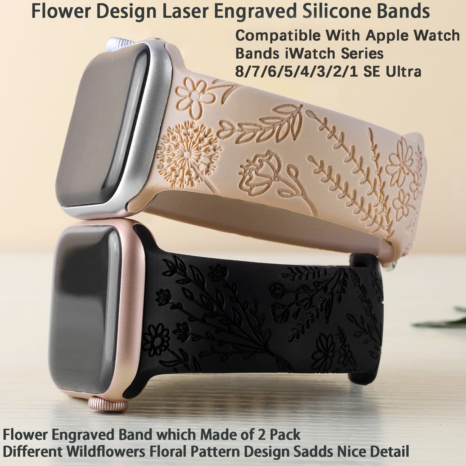 Flower Engraved Silicone Band Compatible With Apple Watch Bands 38Mm 40Mm 41Mm, Cute Women Wildflowers Floral Design Soft Sport