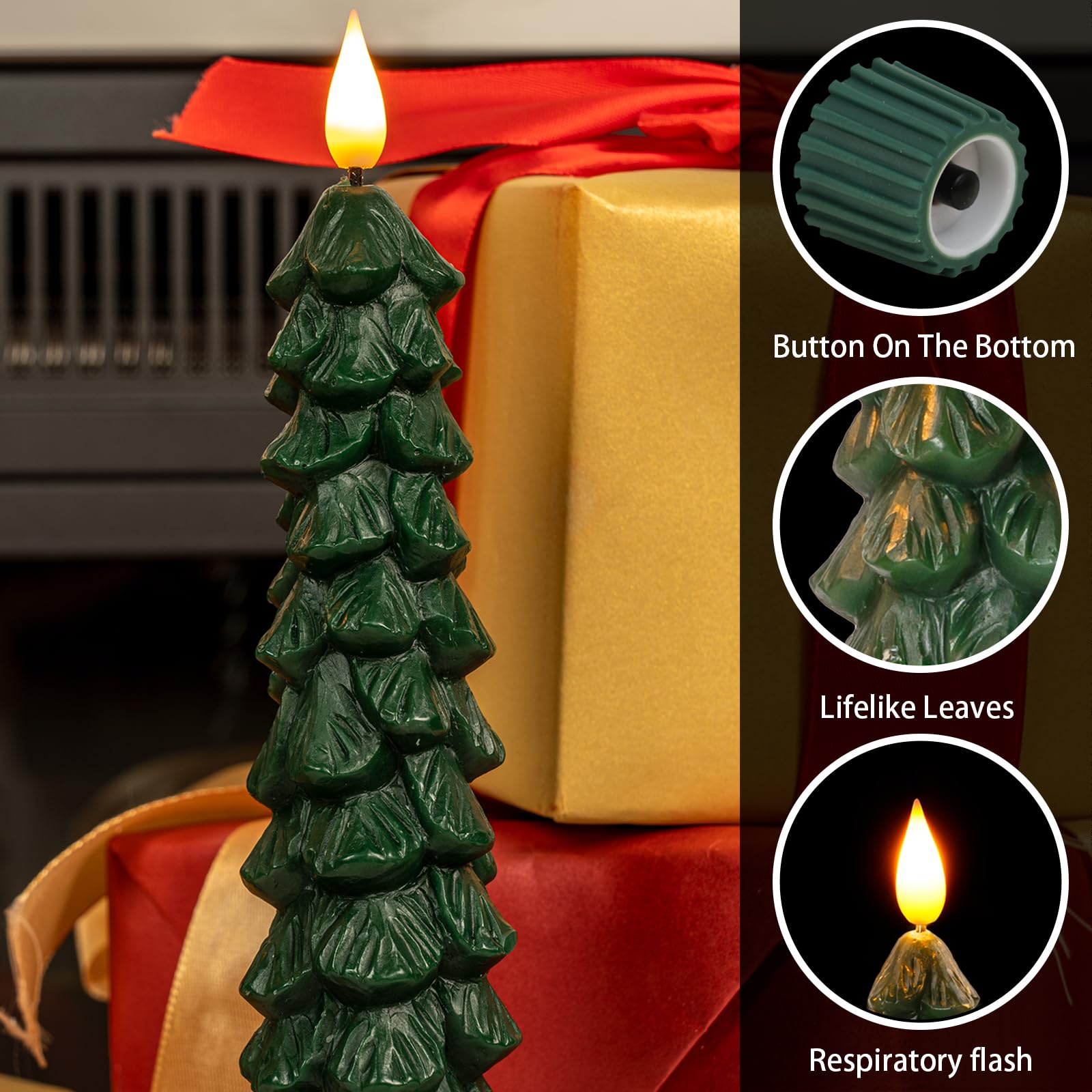 Homemory 3 Pcs Christmas Tree Candles With Remote, Waxy Flameless Taper Candles Flickering, Green Led Candlesticks Battery Opera