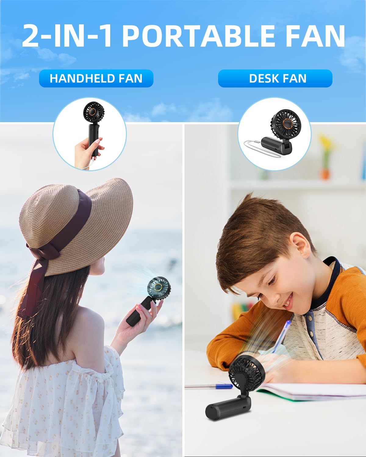 Hssio Portable Handheld Fan, Mini Desk Fan Foldable 2000Mah, 180 Ratotion, 3 Speeds, Ultra Quite, Up To 8H Long Use Time, Small