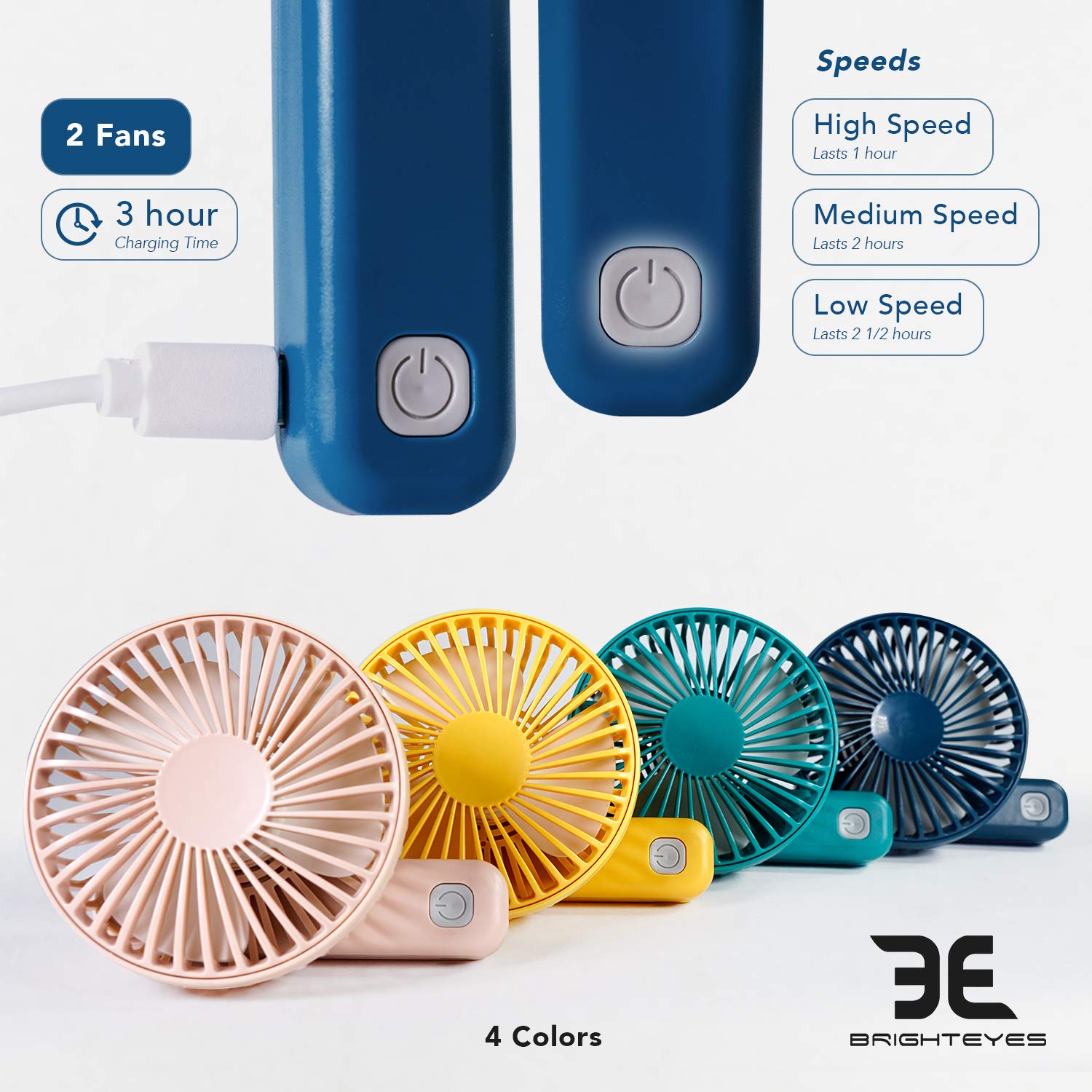Bright Eyes | Handheld Fan With Pivoting Adjustable Handle | 2 Pack | Great For Hot Flashes | Micro Usb Rechargeable (Turquoise)