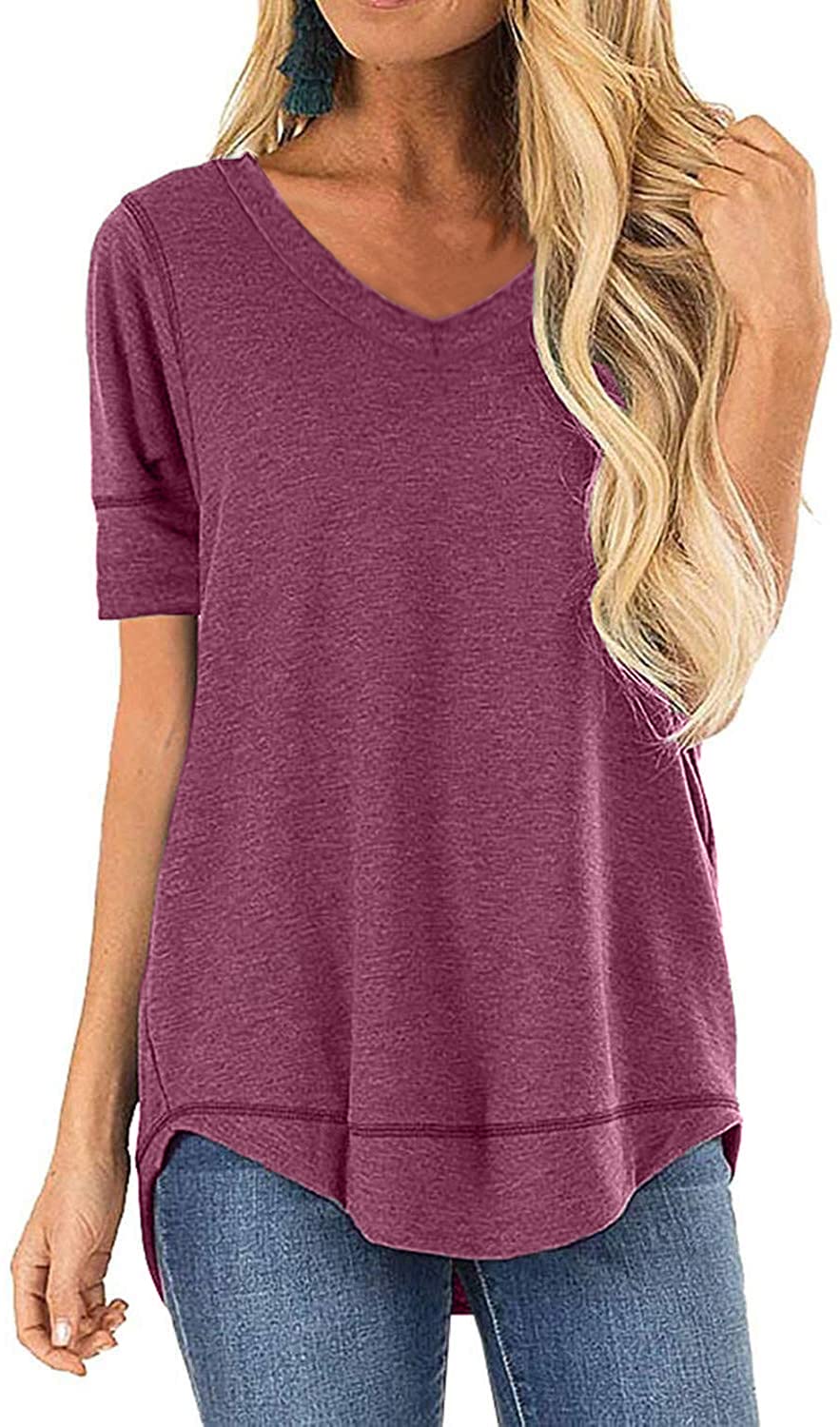 Jomedesign Summer Tops For Women Short Sleeve V Neck Shirts Side Split Casual Loose Tunic Top Red Medium
