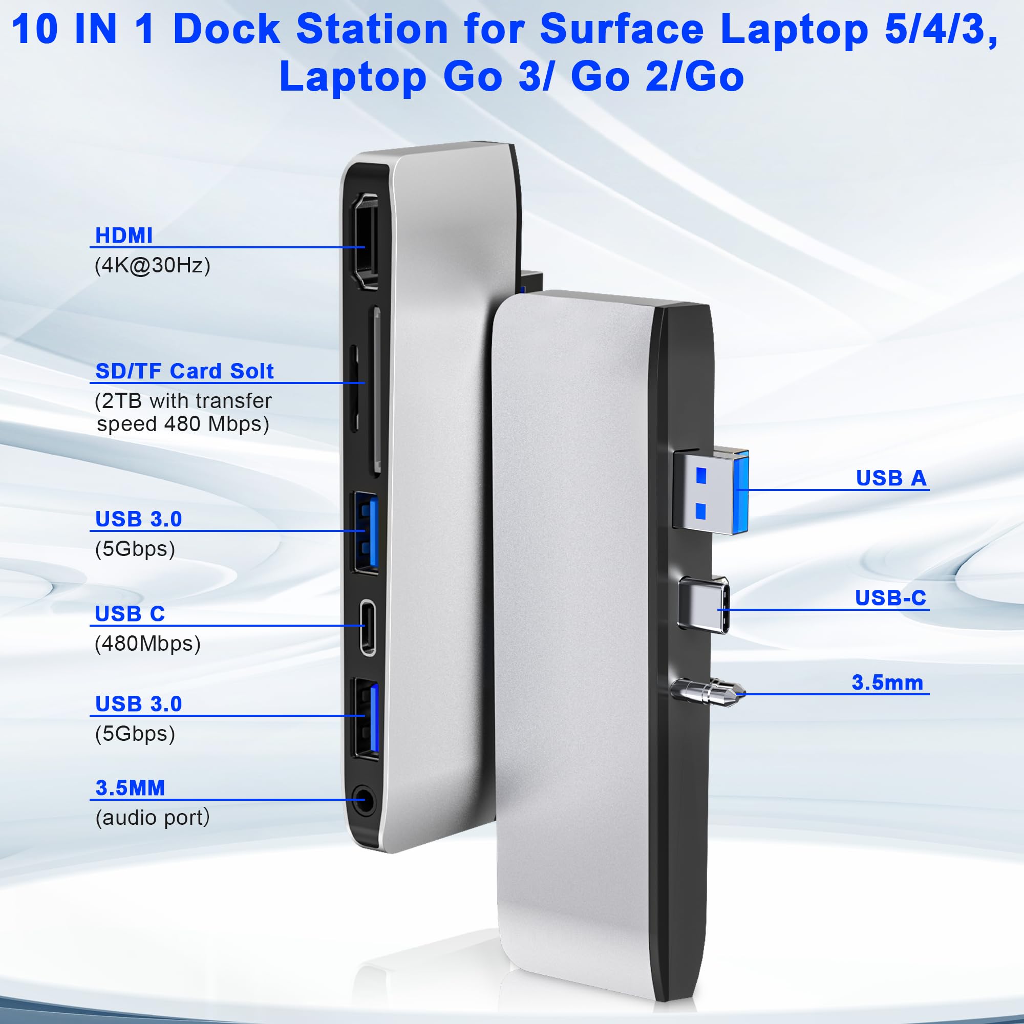 Surface Laptop 5/4/3 Hub Docking Station, Surface Laptop Accessories (4K@30Hz Hdmi +2*Usb 3.0 +Usb C +Sd/Tf Card Slot +3.5Mm Aud