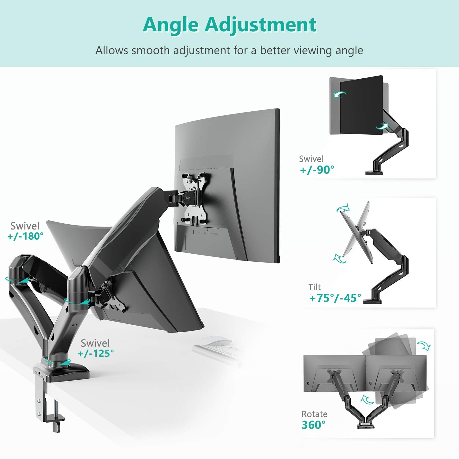 WALI Dual Monitor Stand, Adjustable Gas Spring Mount for 2 Monitors up to 32, C Clamp & Grommet Base, Black, Dual Arms, 19.8lbs (GSMP