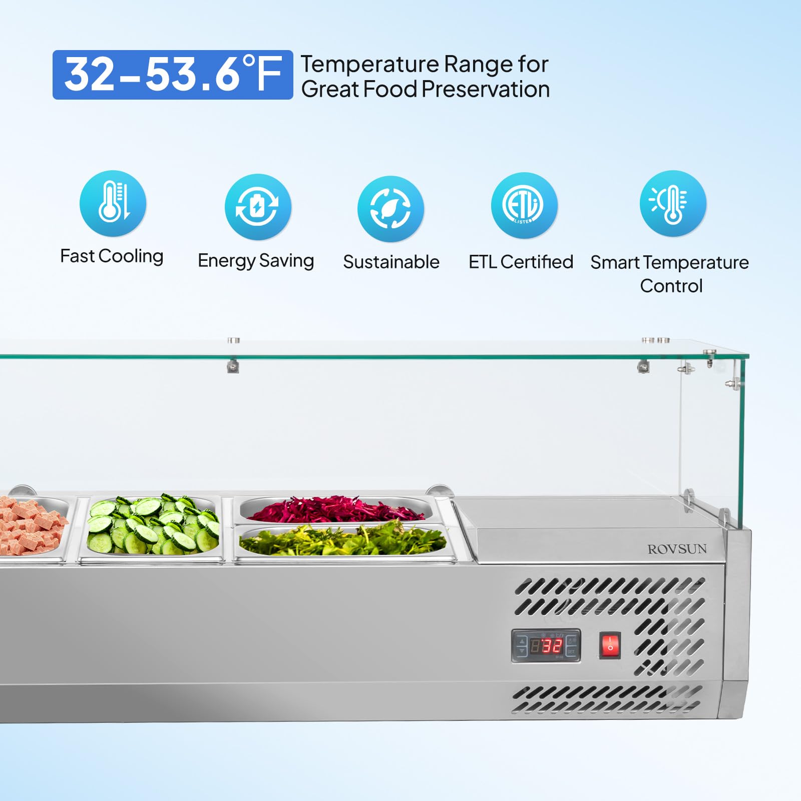 Rovsun 47 Refrigerated Condiment Prep Station Sandwich Prep Table Etl Nsf, 25.1Qt Salad Bar Prep Rail W/Auto Defrost Temp Contro